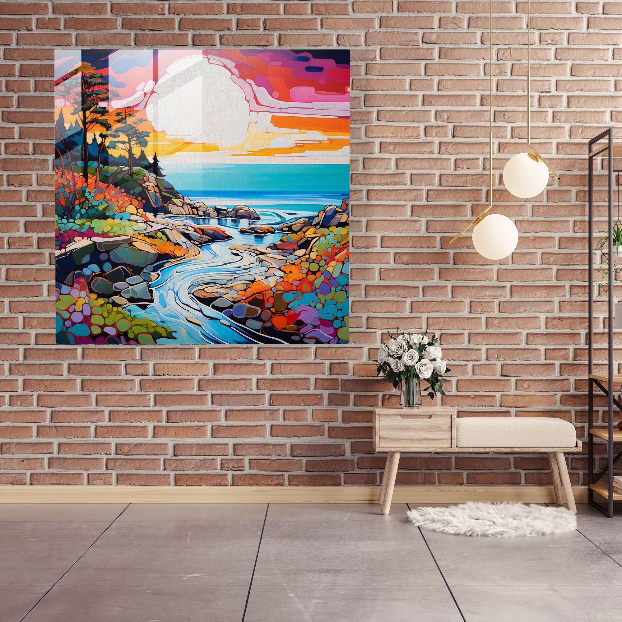 Büyüleyici Cam Tablo - Soyut Sahil Manzaralı Modern Sanat Eseri