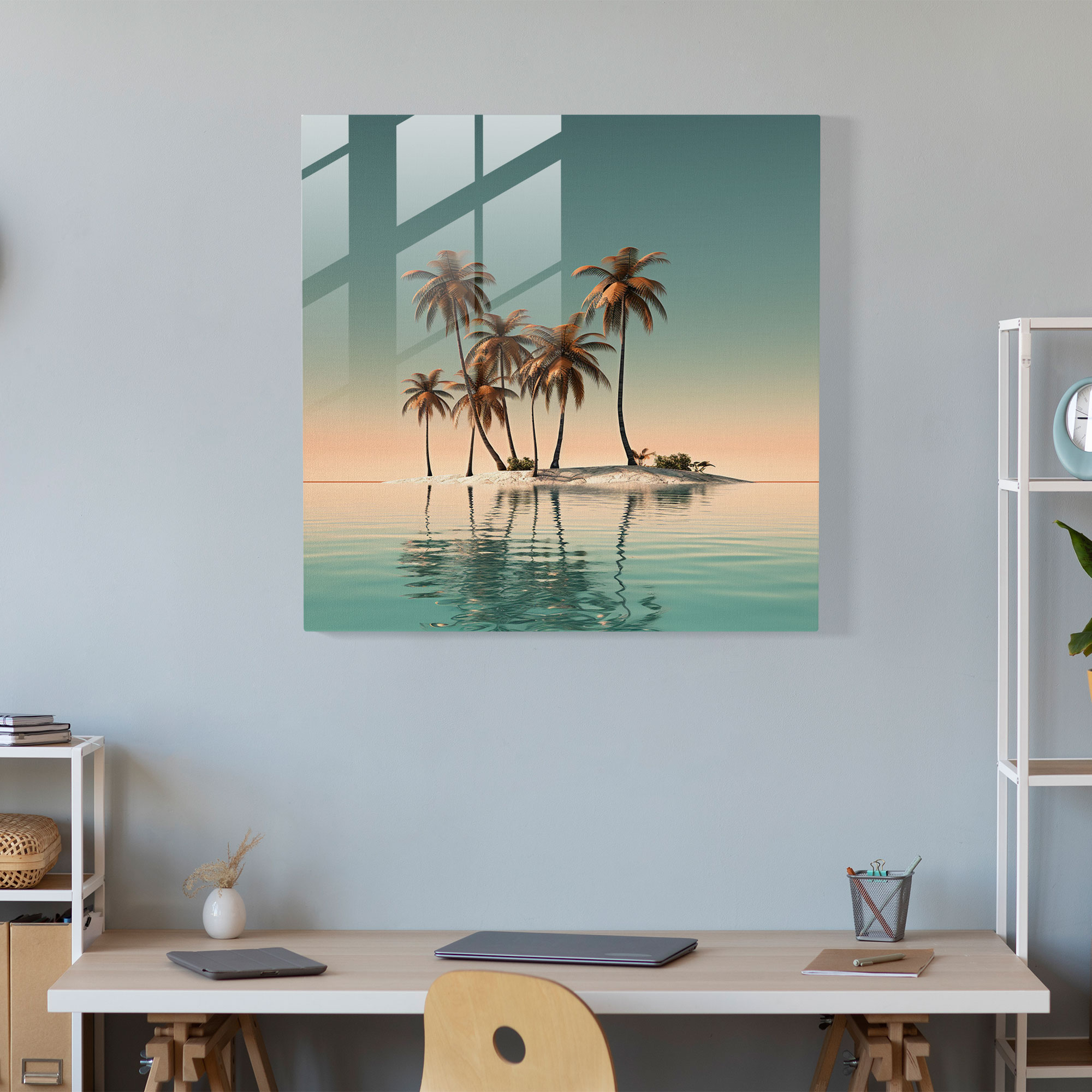 Tropikal Cam Tablo - Minimalist Palmiye Ağaçları Kumlu Plaj Modern Sanat Eseri