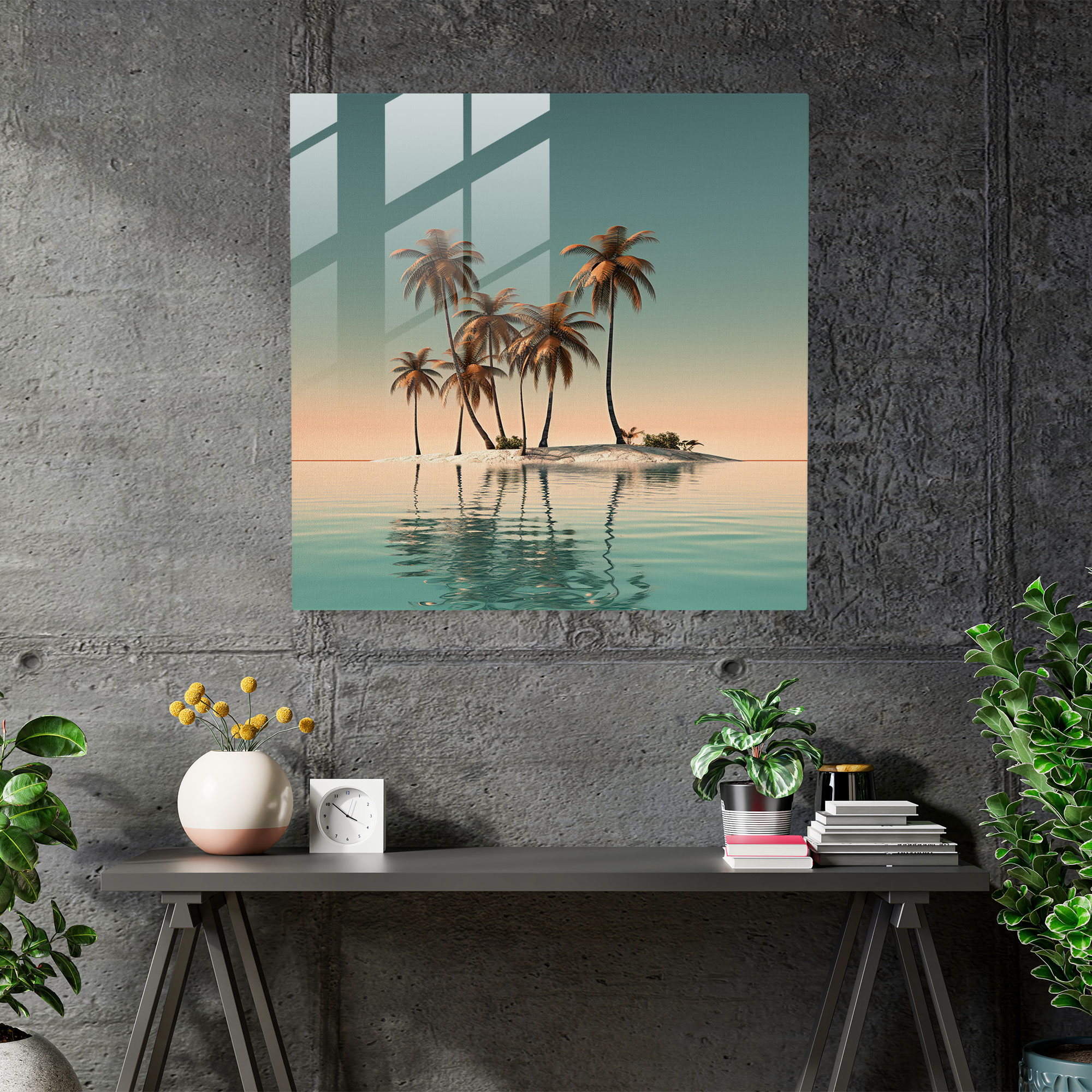 Tropikal Cam Tablo - Minimalist Palmiye Ağaçları Kumlu Plaj Modern Sanat Eseri