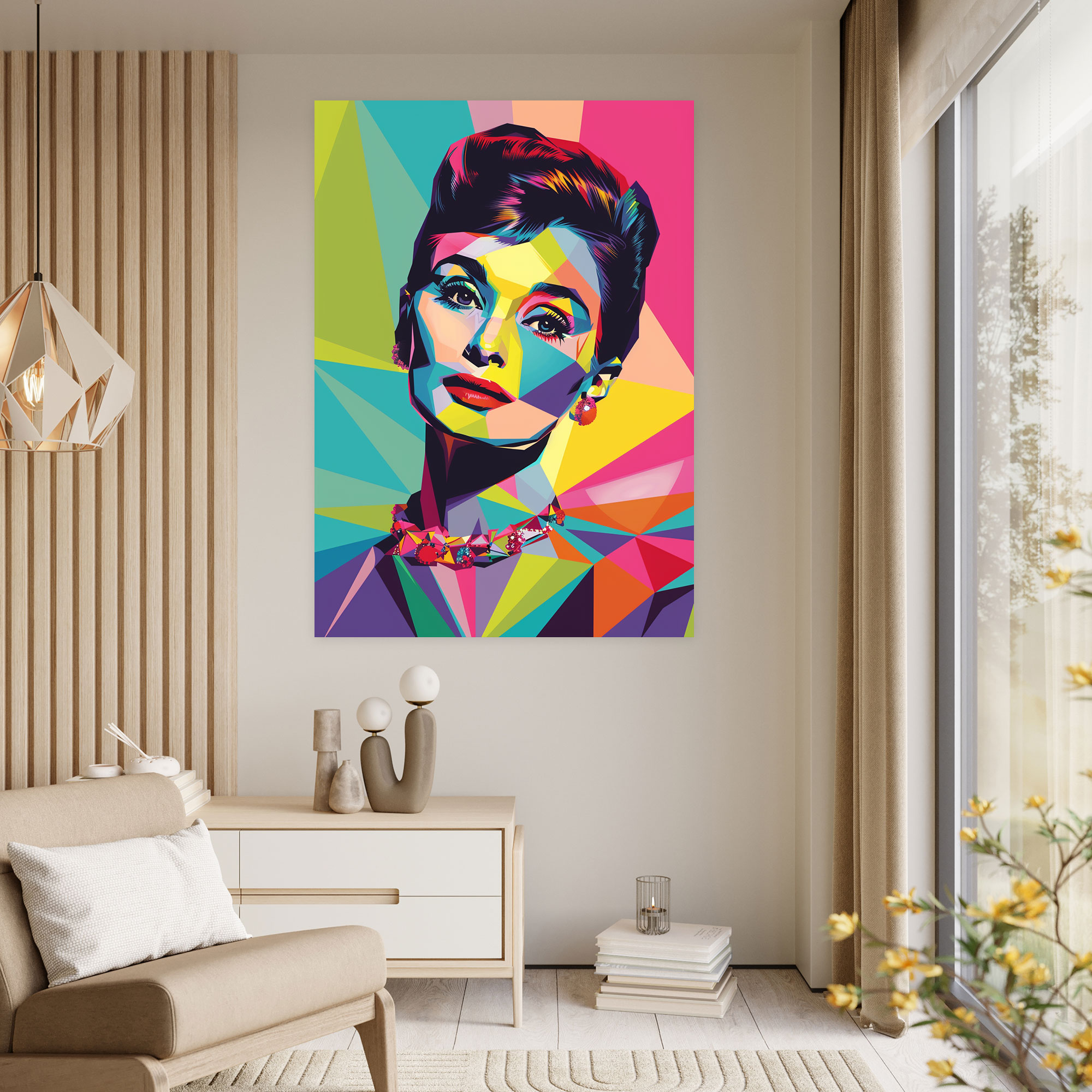 Audrey Hepburn Pop Art Wall Art - Classicism And Popart, Audrey Hepburn, Canvas Print, Geometric Background