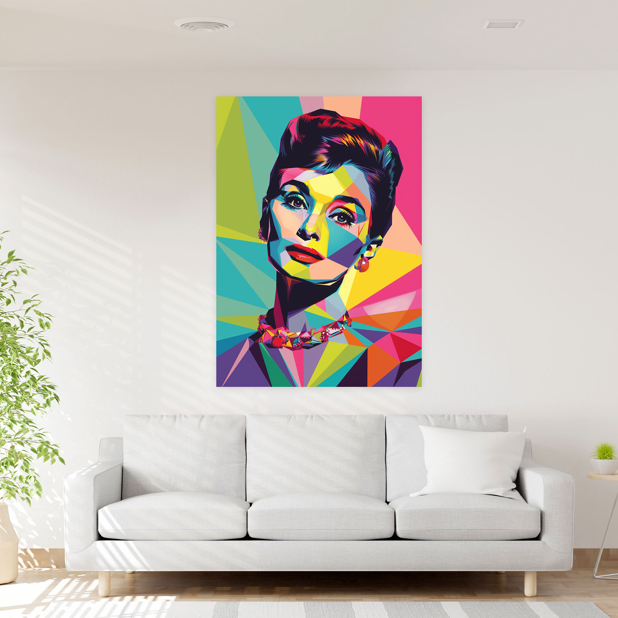 Audrey Hepburn Pop Art Wall Art - Classicism And Popart, Audrey Hepburn, Canvas Print, Geometric Background