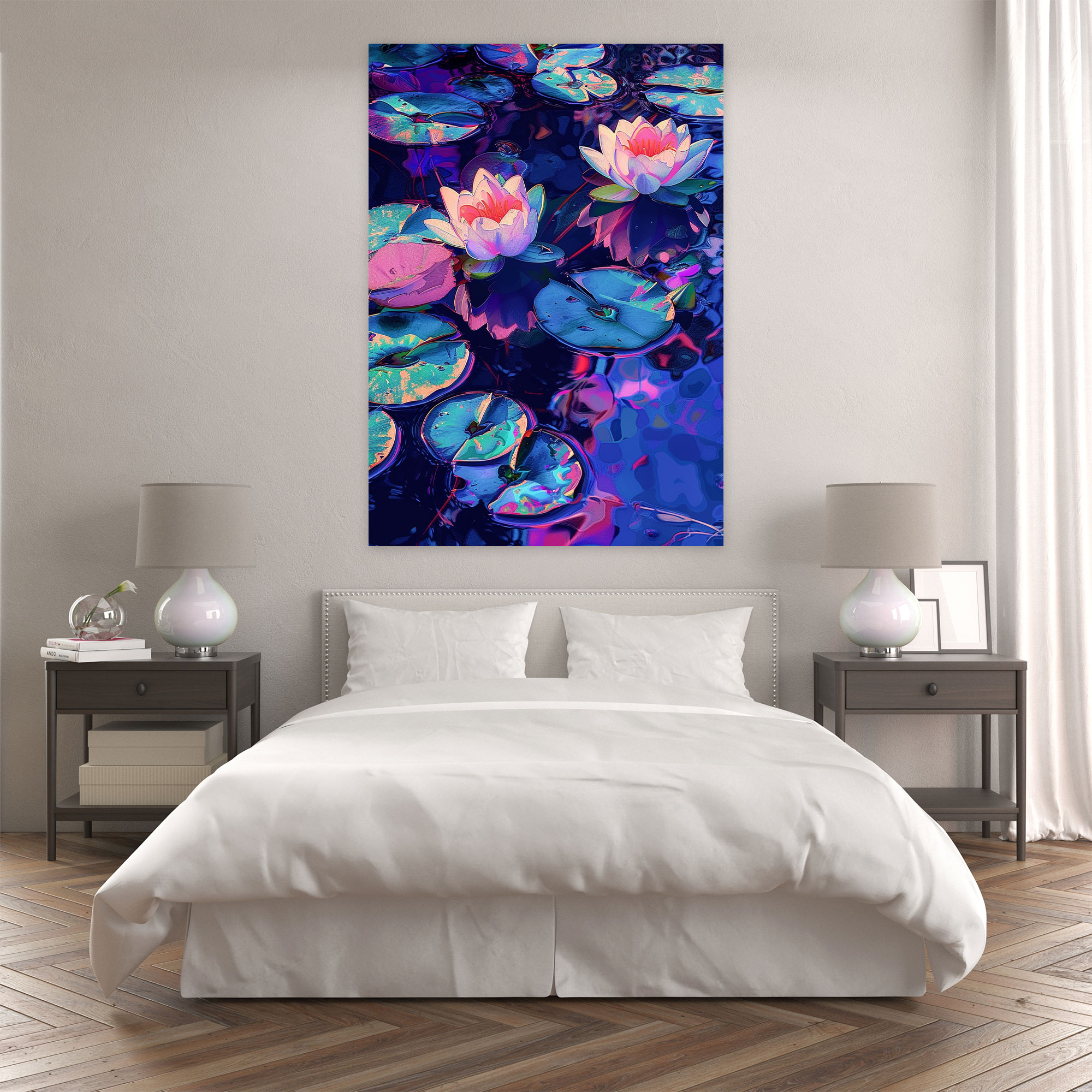 Neon Water Lilies Canvas Print - Classicism And Popart, Canvas Wall Art, Wall Decoration, Canvas Print