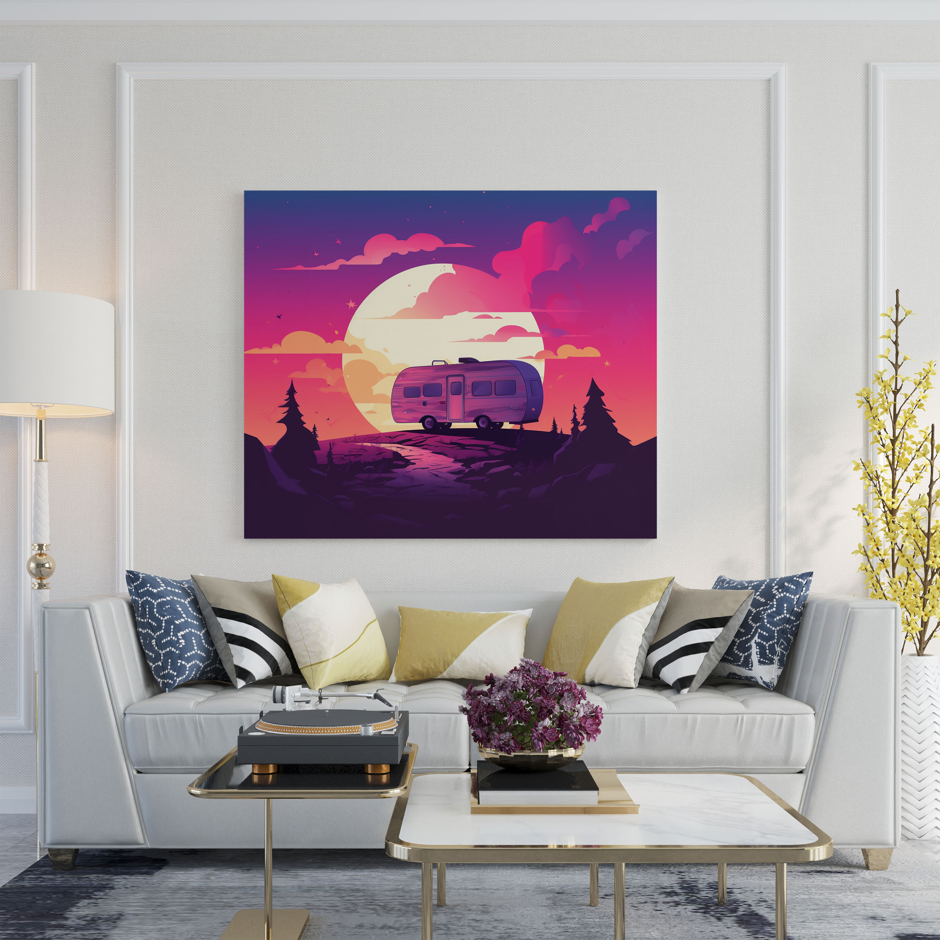 Caravan Wall Decoration - Adventure Sunset Silhouette - Caravan, Freedom, Canvas, Minimalist Graphic Design