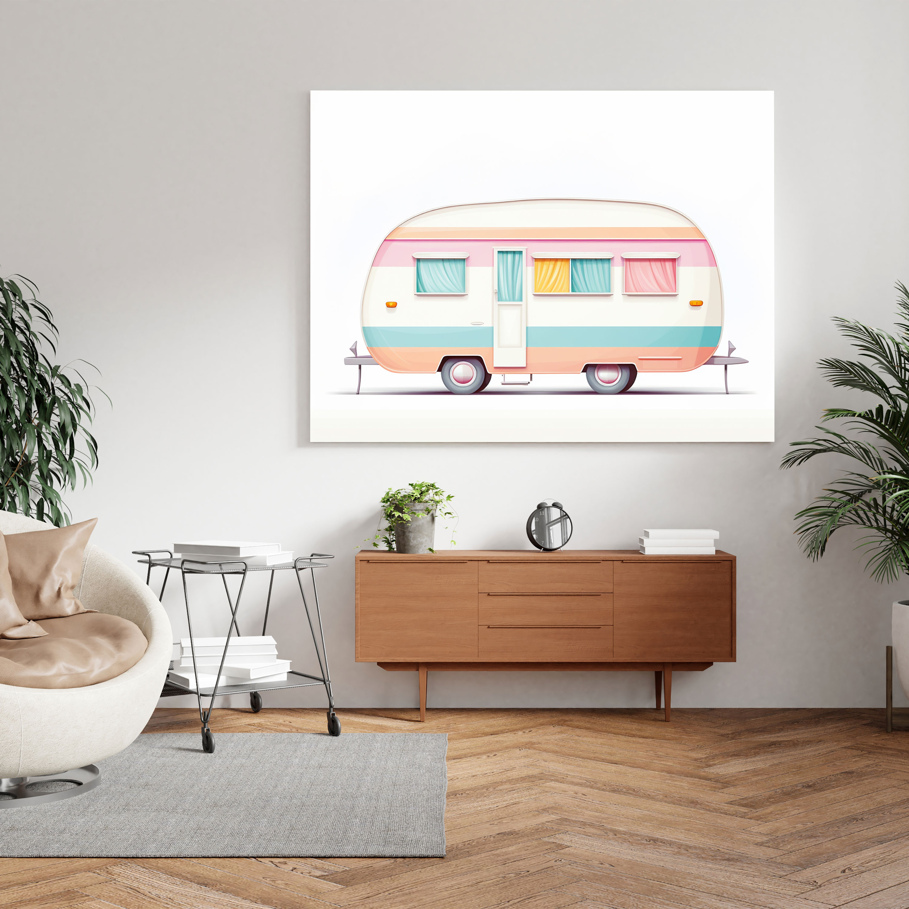 Leinwandbild Wohnwagen - Minimalistische Bunte Wandkunst - Wohnwagen Leinwandbild Wohnkultur Wandkunst