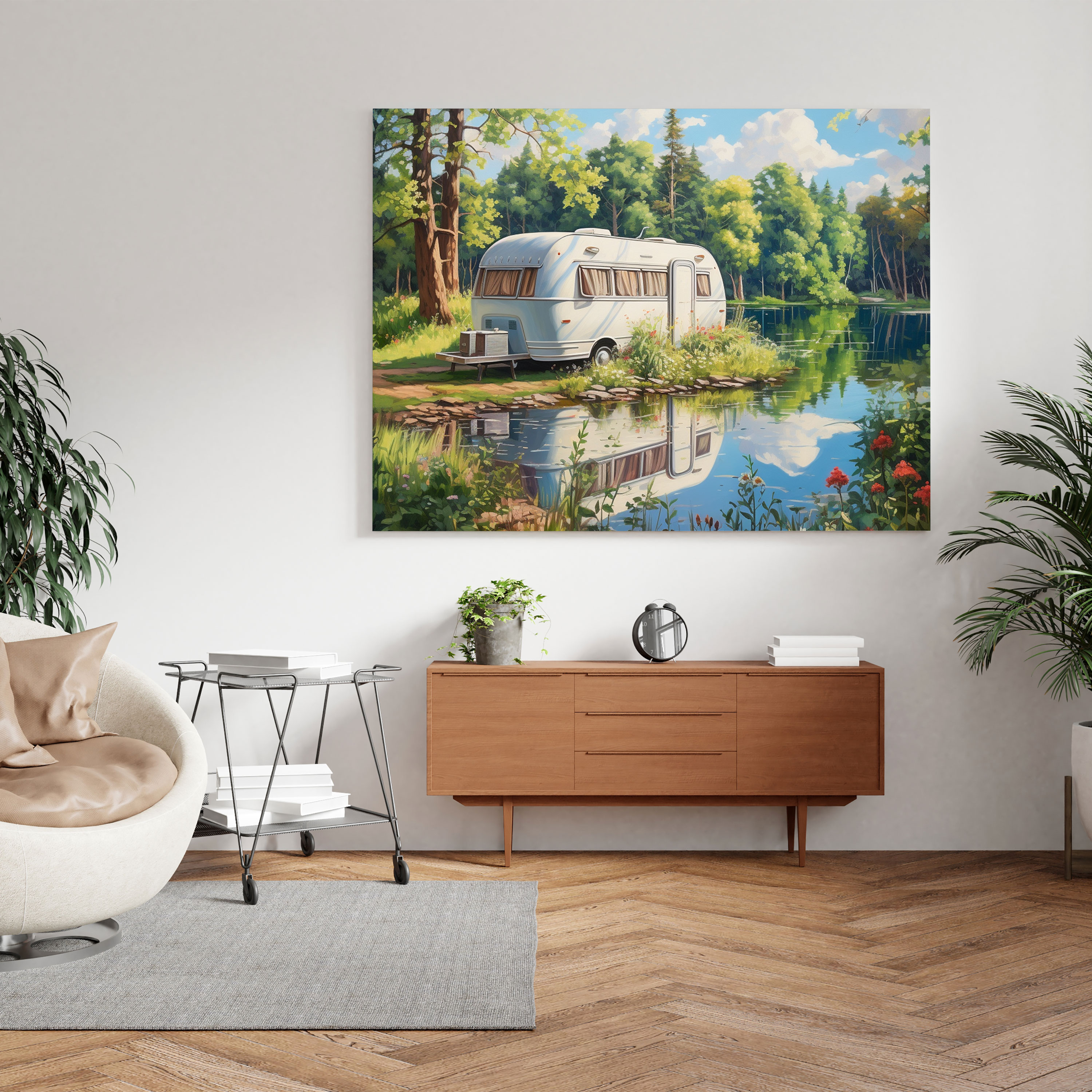 Leinwandbild Wohnwagen - Ruhe am See - Wohnwagen Natur Leinwand Leinwandbild