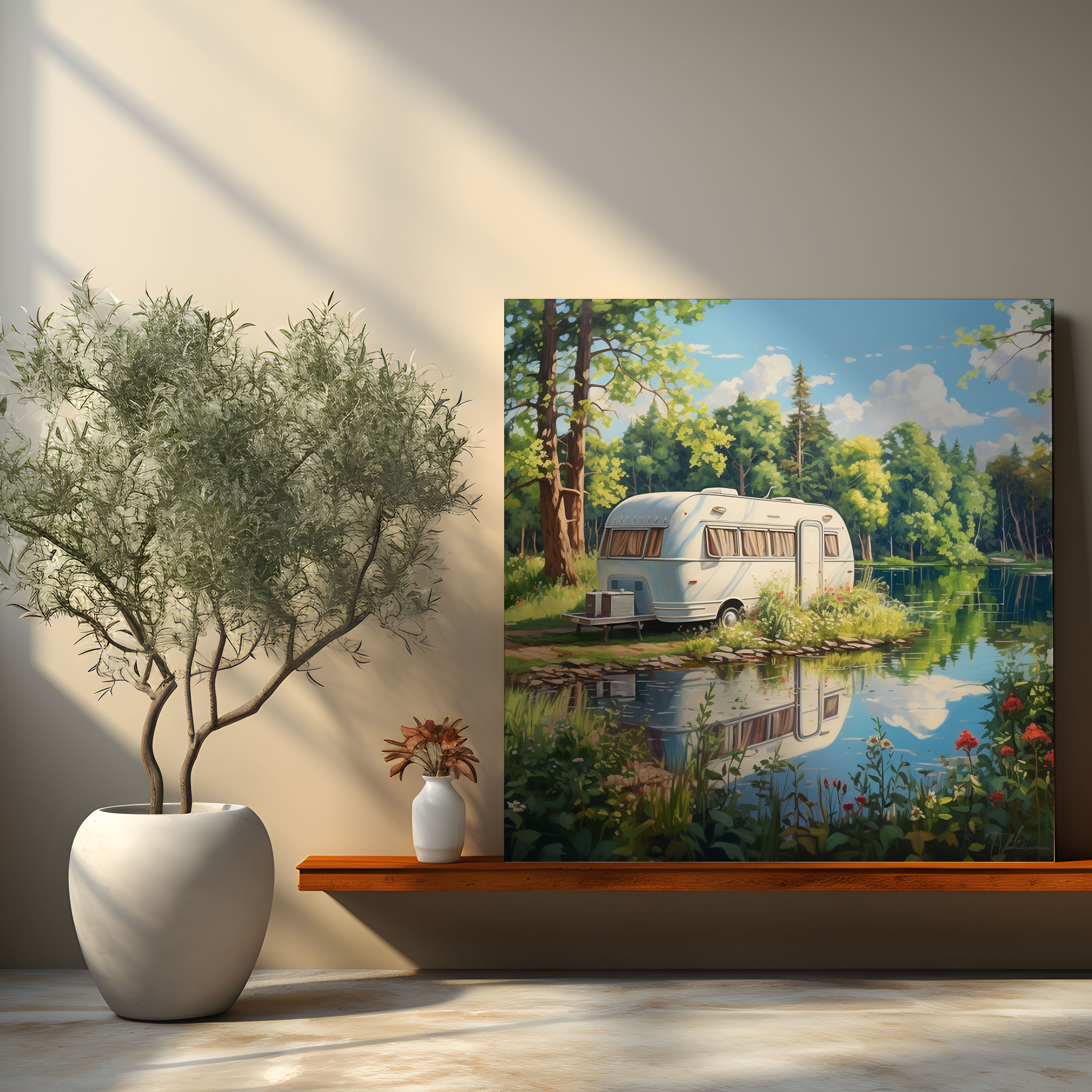 Leinwandbild Wohnwagen - Ruhe am See - Wohnwagen Natur Leinwand Leinwandbild