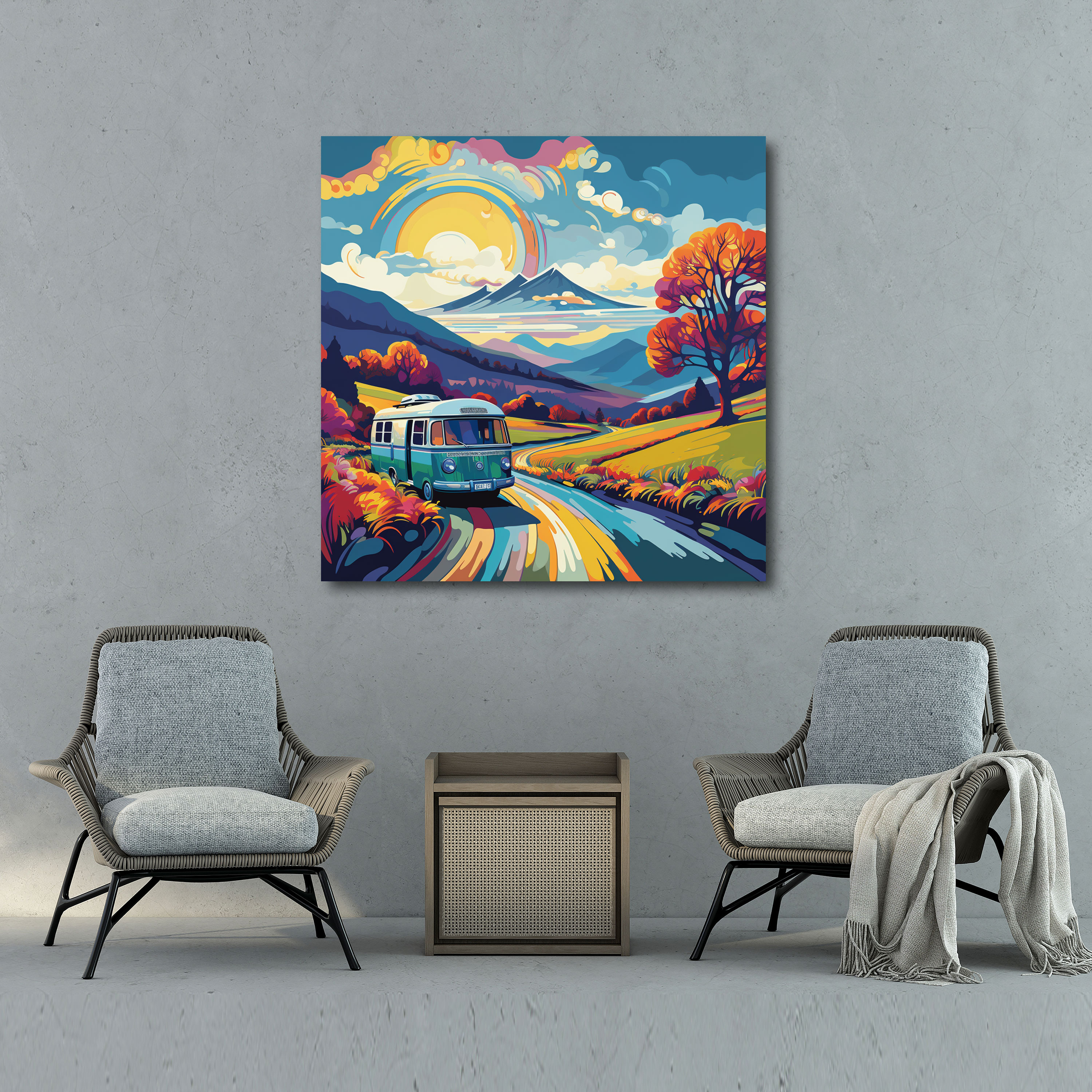 Caravan Canvas Print - Retro Countryside Drive - Caravan, Caravan, Wall Decoration, Playful