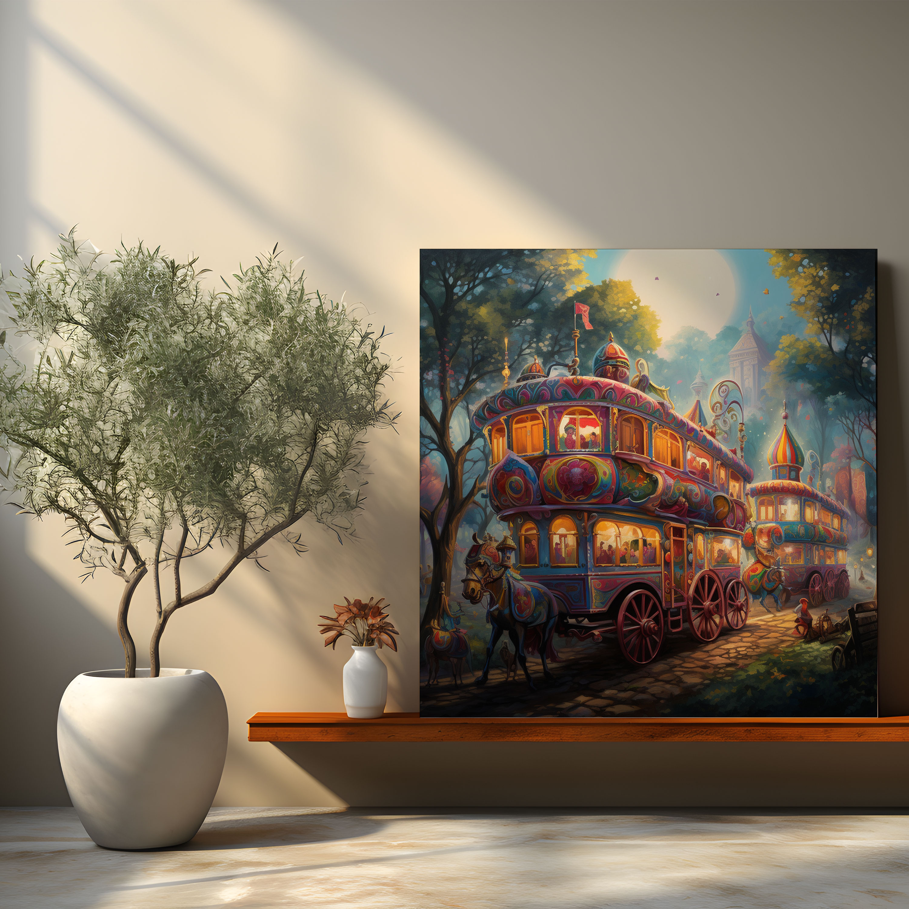 Verspieltes Zirkuskarawane Leinwandbild - Karawane Frohsinn Impressionistisches Kunstwerk