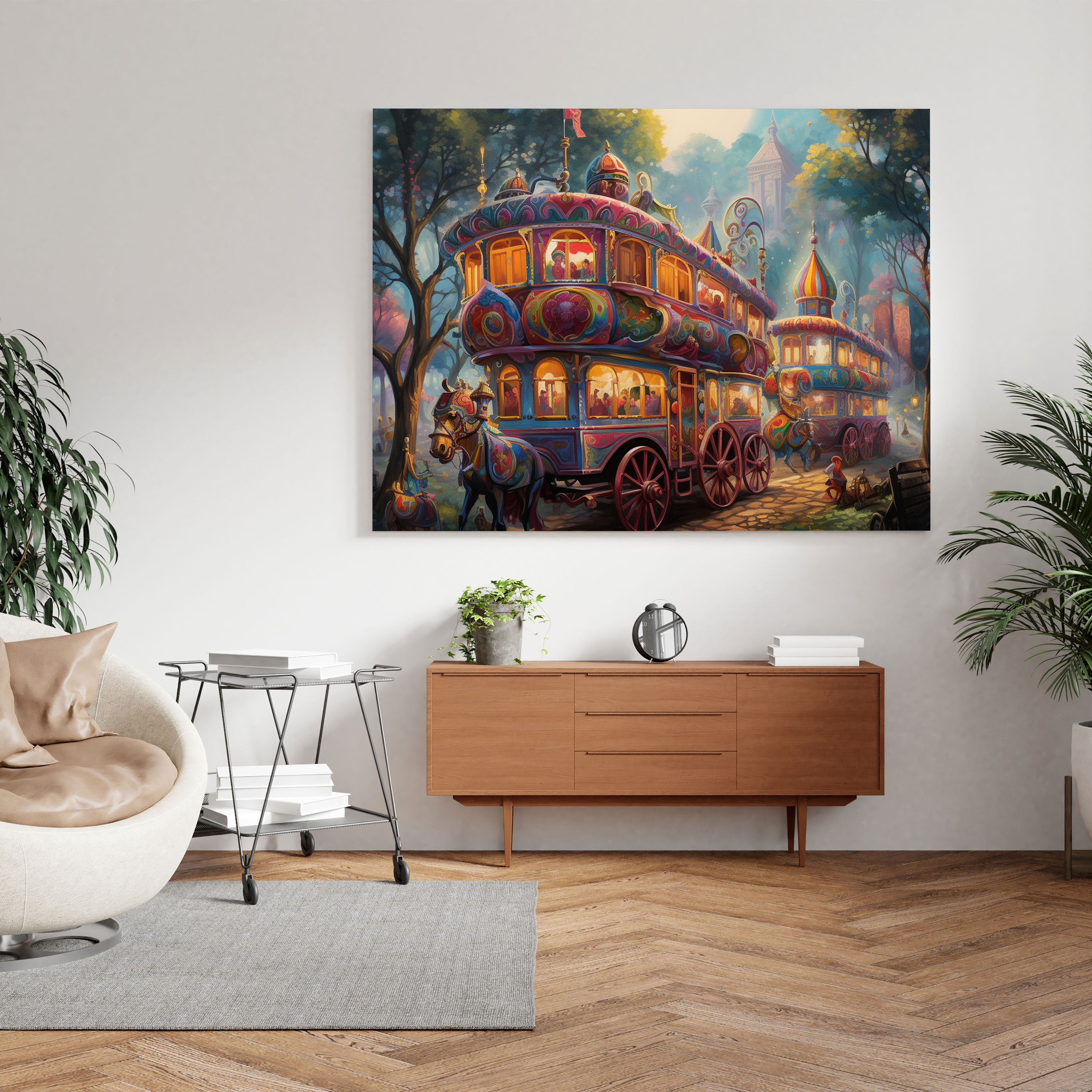 Verspieltes Zirkuskarawane Leinwandbild - Karawane Frohsinn Impressionistisches Kunstwerk