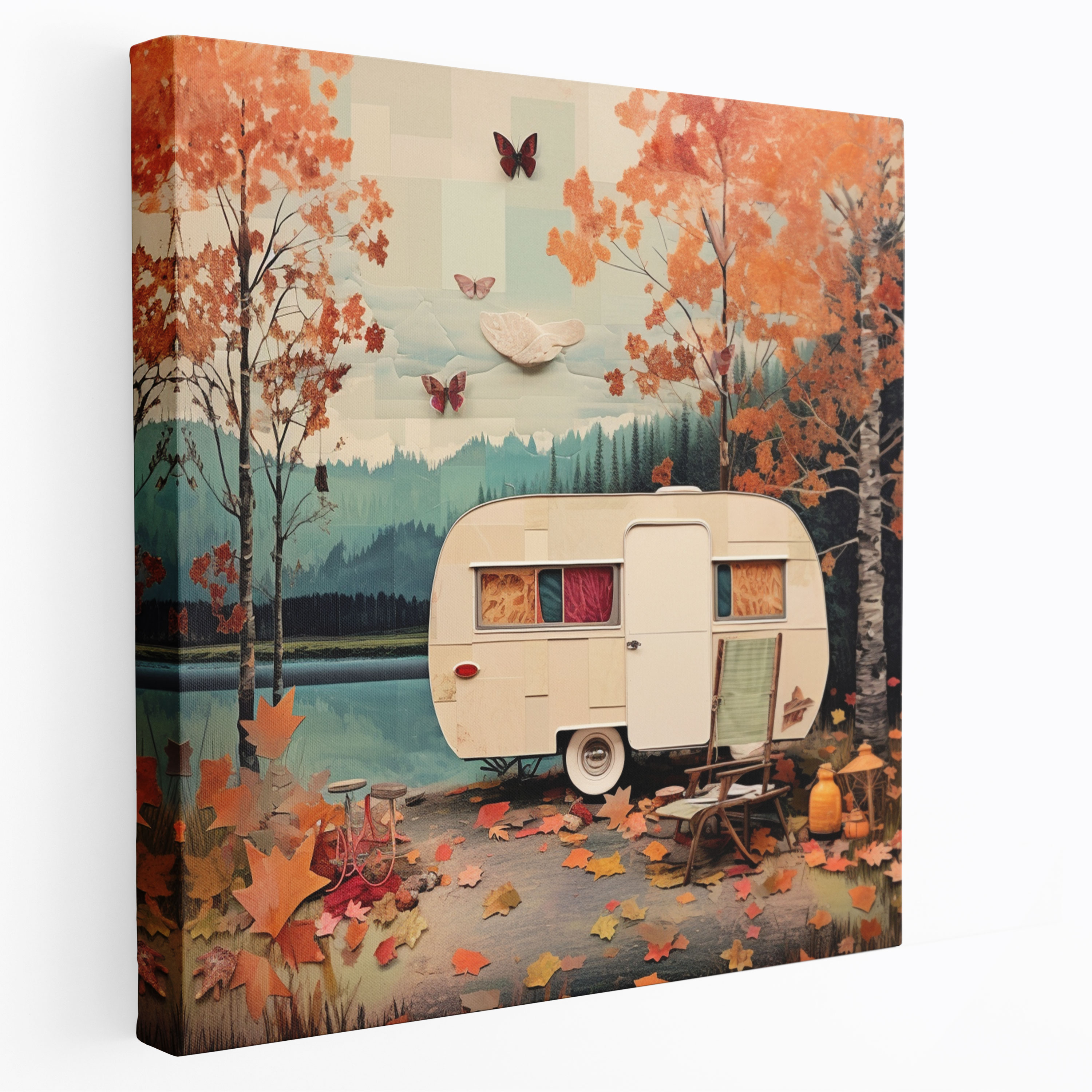 Vintage Lakeside Caravan Canvas Print - Caravan, Calm, Wall Decoration, Tranquility