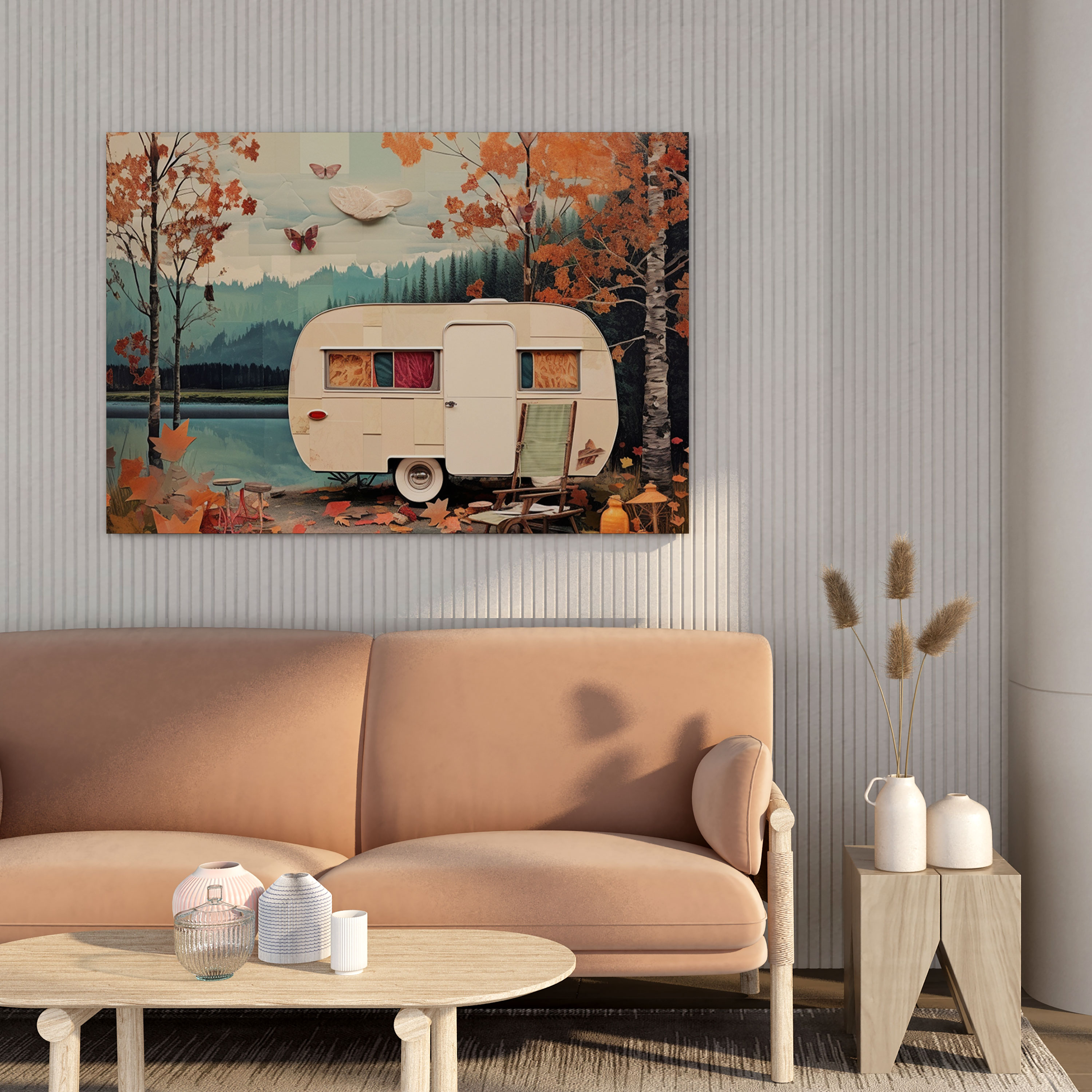 Vintage Lakeside Caravan Canvas Print - Caravan, Calm, Wall Decoration, Tranquility