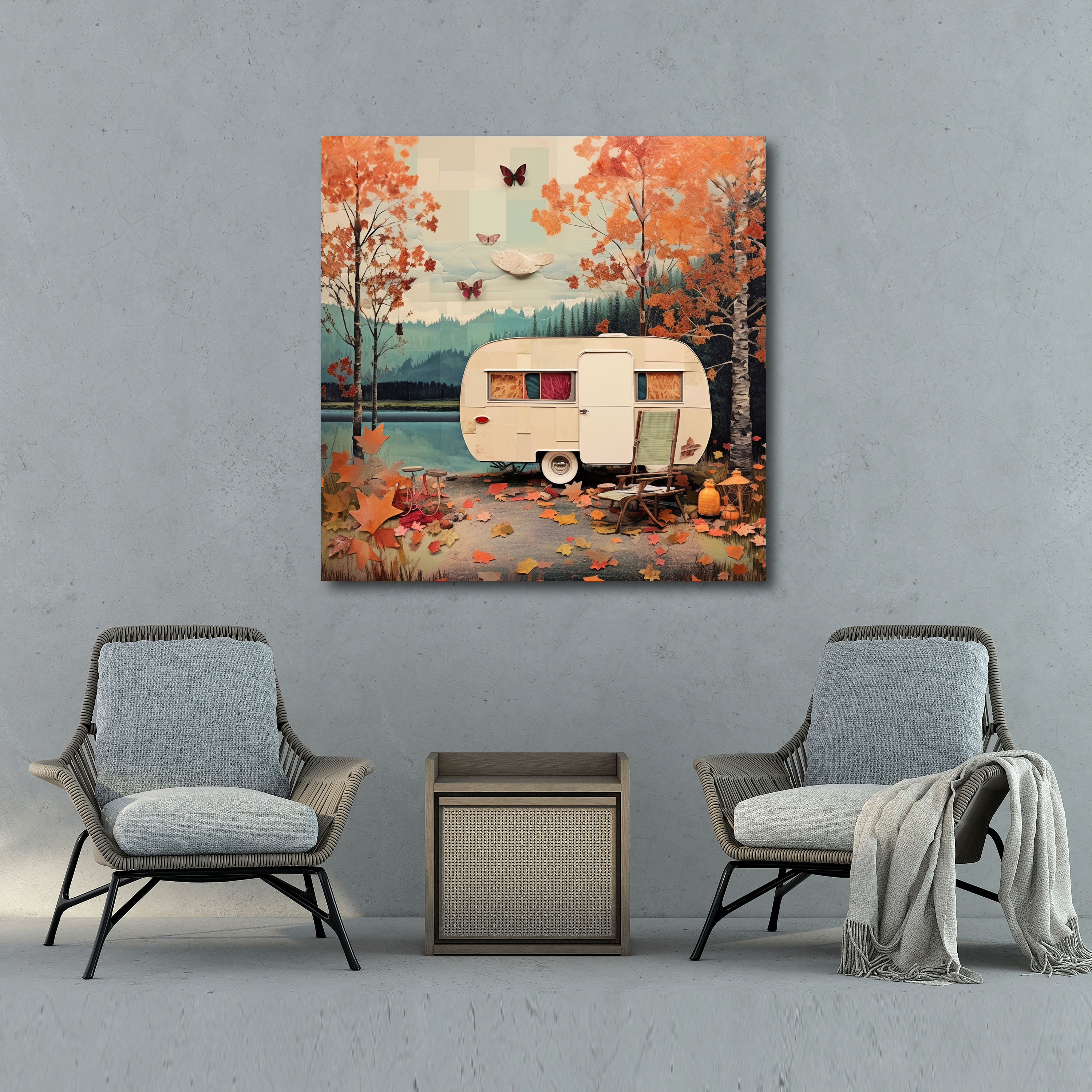 Vintage Lakeside Caravan Canvas Print - Caravan, Calm, Wall Decoration, Tranquility