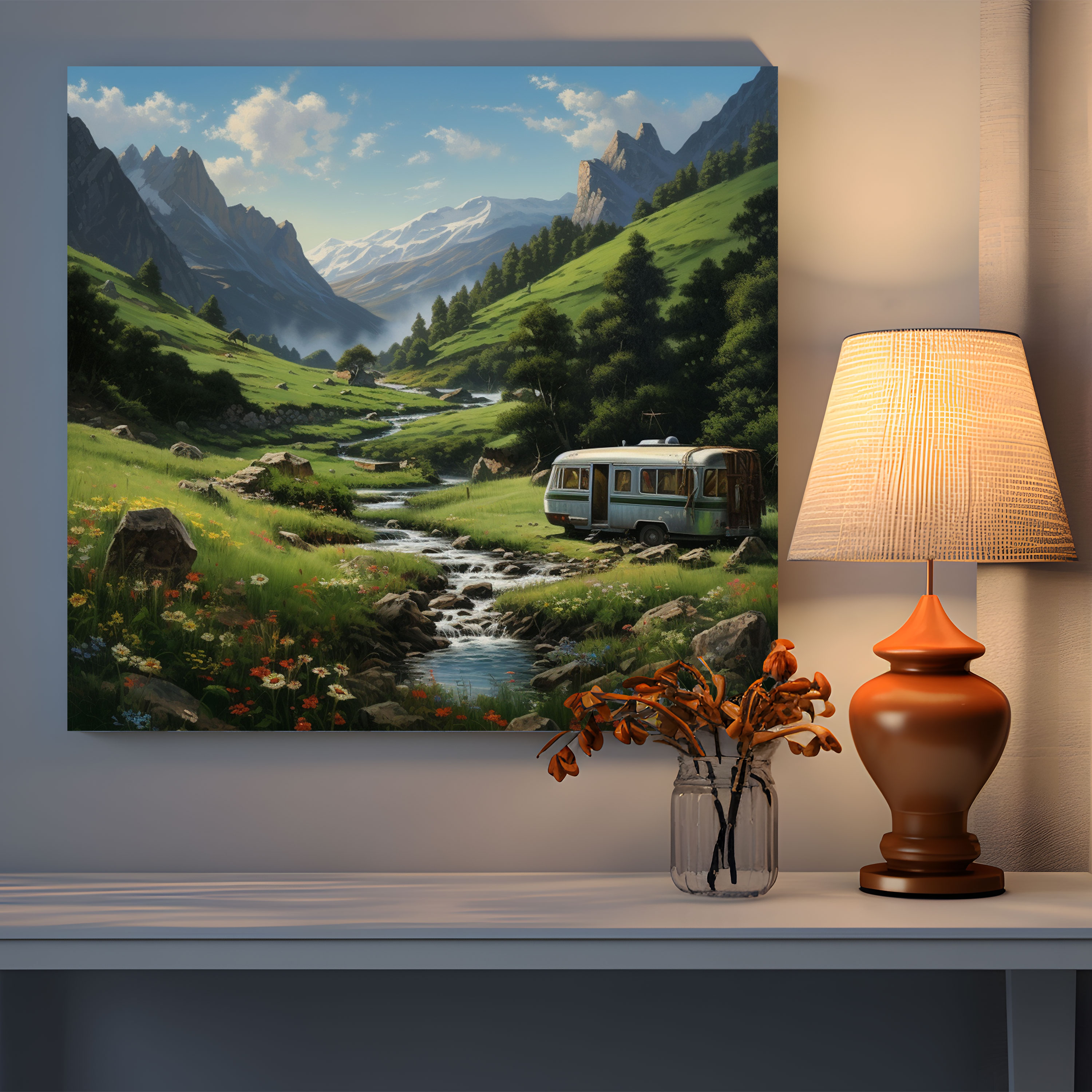 Mountain Valley Caravan Escape Canvas Print - Caravan, Canvas, Wall Art, Relaxation