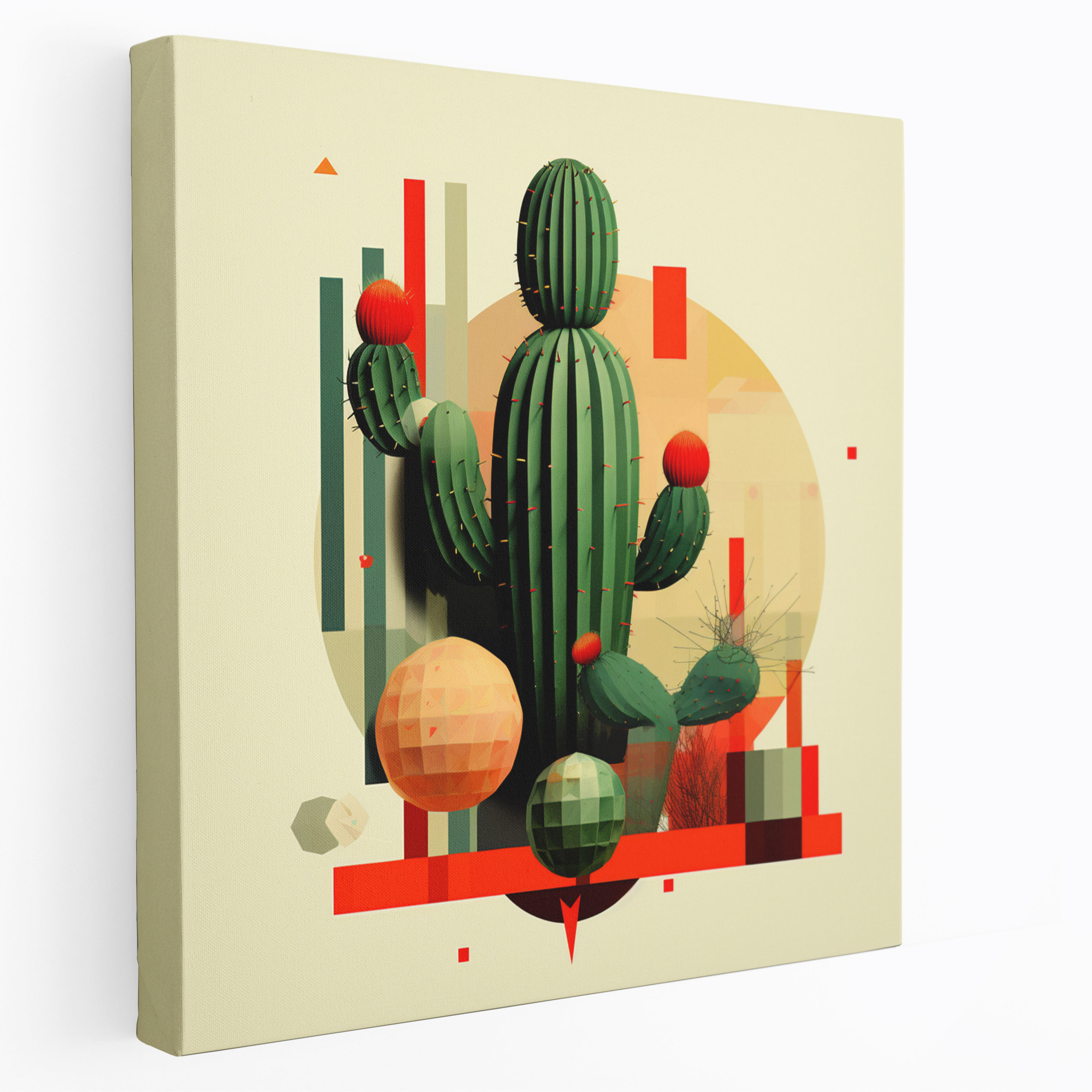 Cactus Canvas Print - Retro Geometric Wall Art - Cactus, Home Decoration, Cactus Surrounded By Geometric Shapes, Wall Decoration