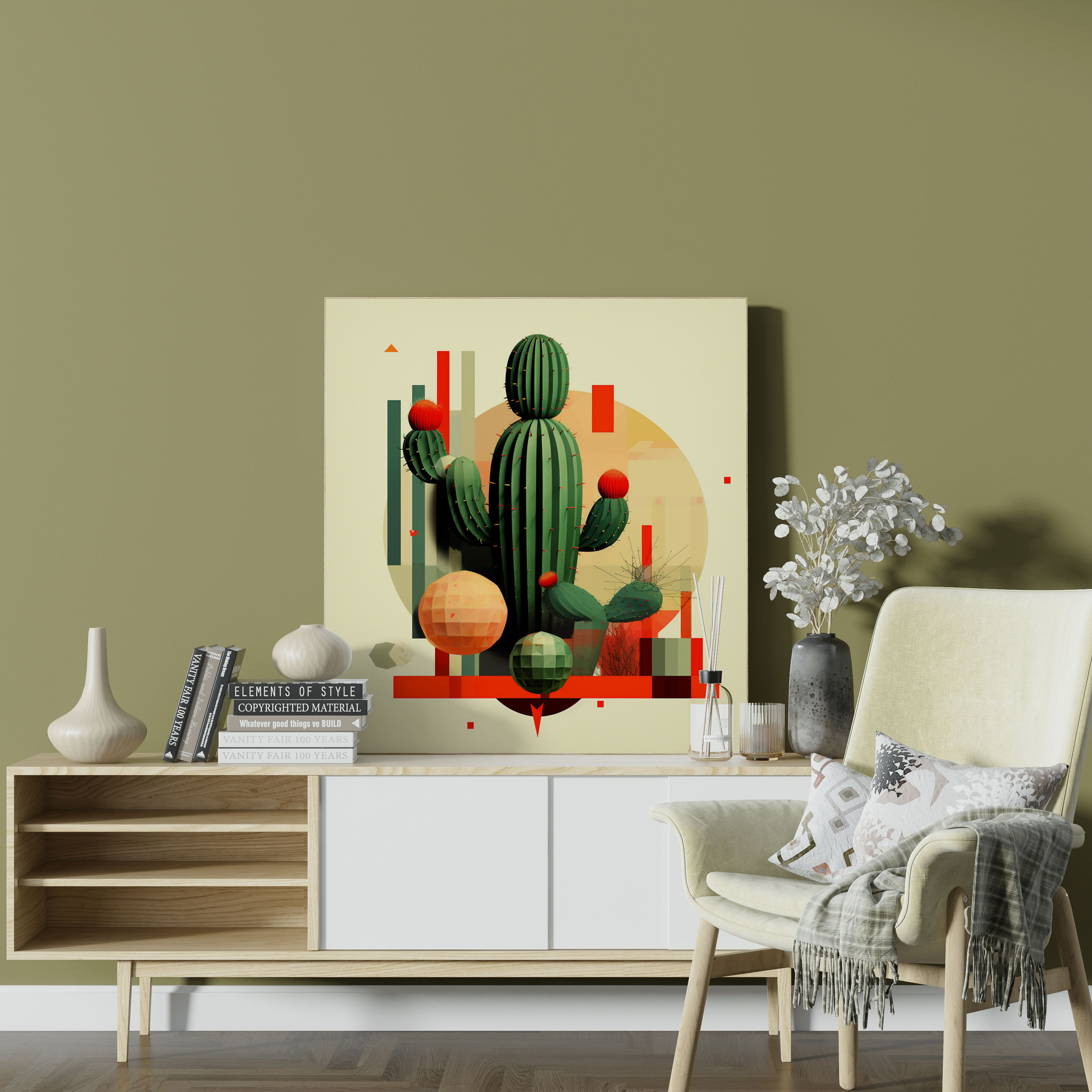 Cactus Canvas Print - Retro Geometric Wall Art - Cactus, Home Decoration, Cactus Surrounded By Geometric Shapes, Wall Decoration