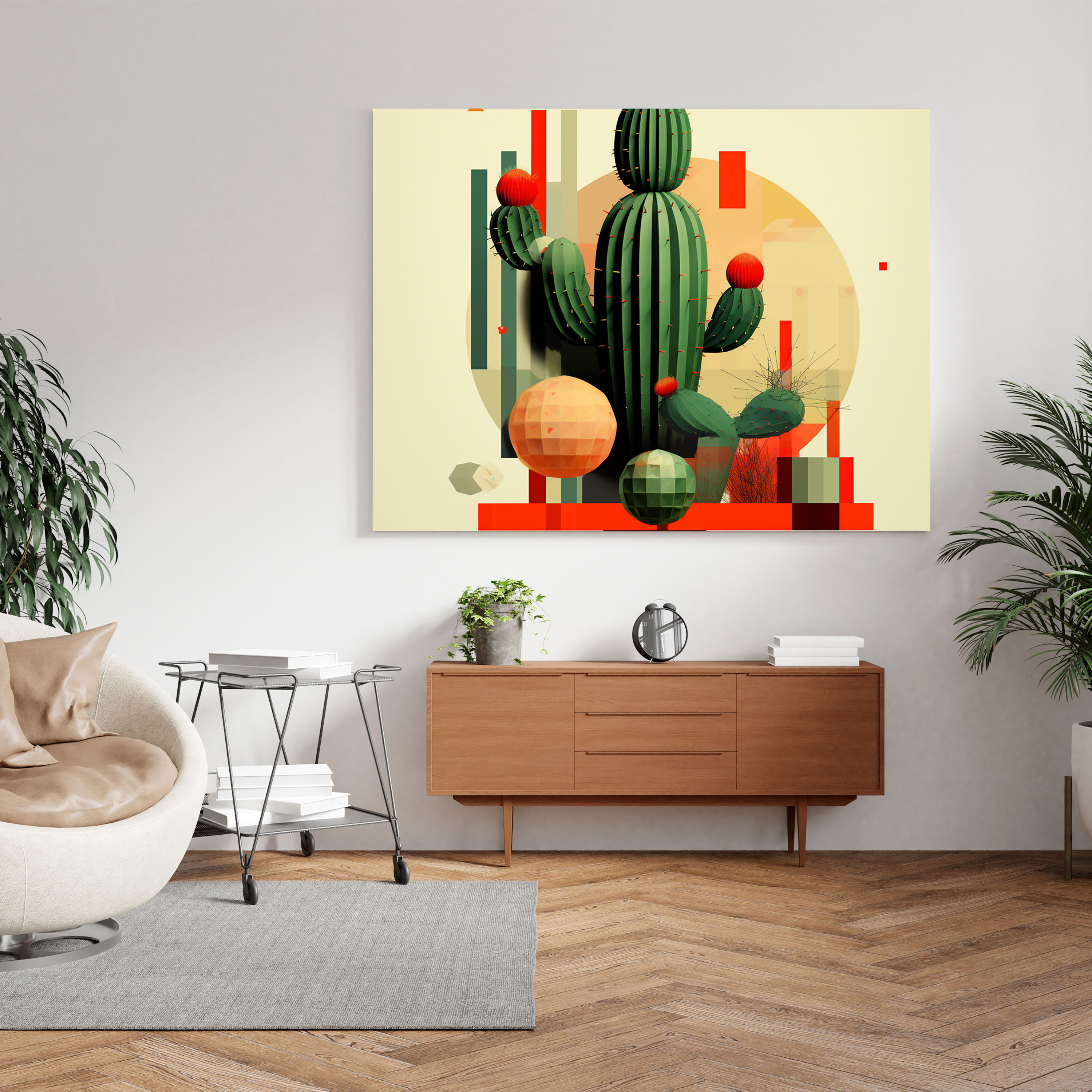 Cactus Canvas Print - Retro Geometric Wall Art - Cactus, Home Decoration, Cactus Surrounded By Geometric Shapes, Wall Decoration