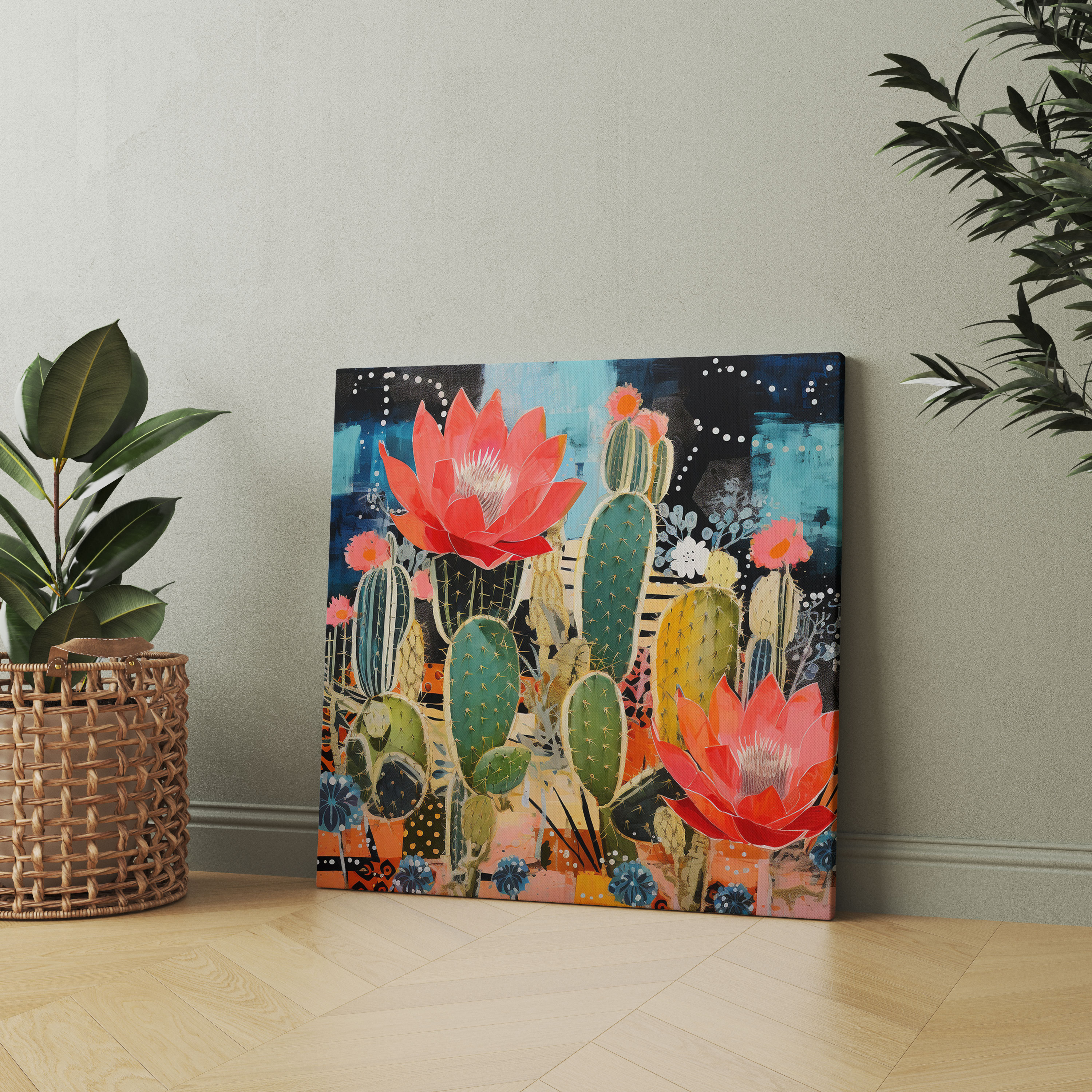 Mixed Media Cactus Wall Decoration - Cactus, Mixed Media, Canvas Print, Wall Art