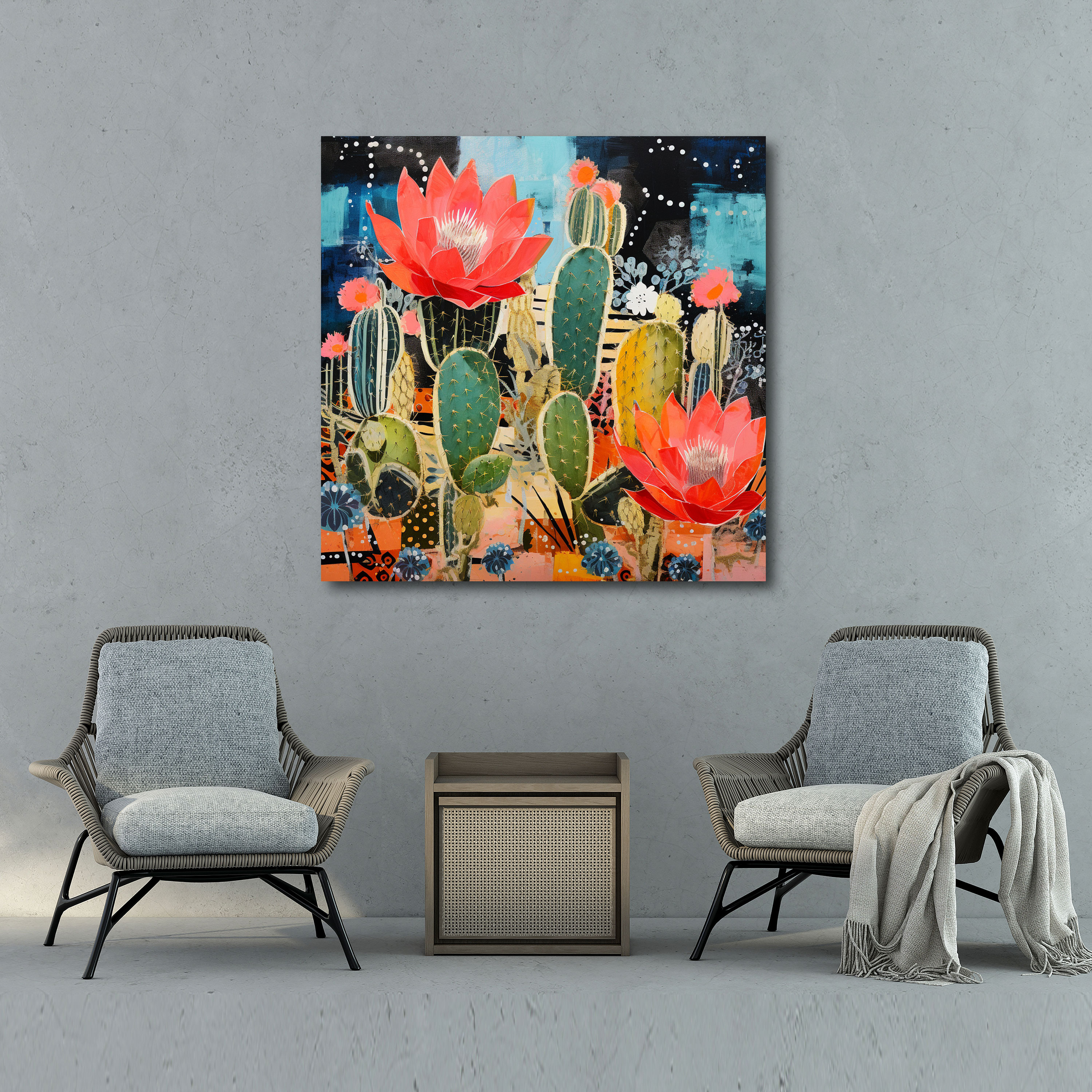 Mixed Media Cactus Wall Decoration - Cactus, Mixed Media, Canvas Print, Wall Art