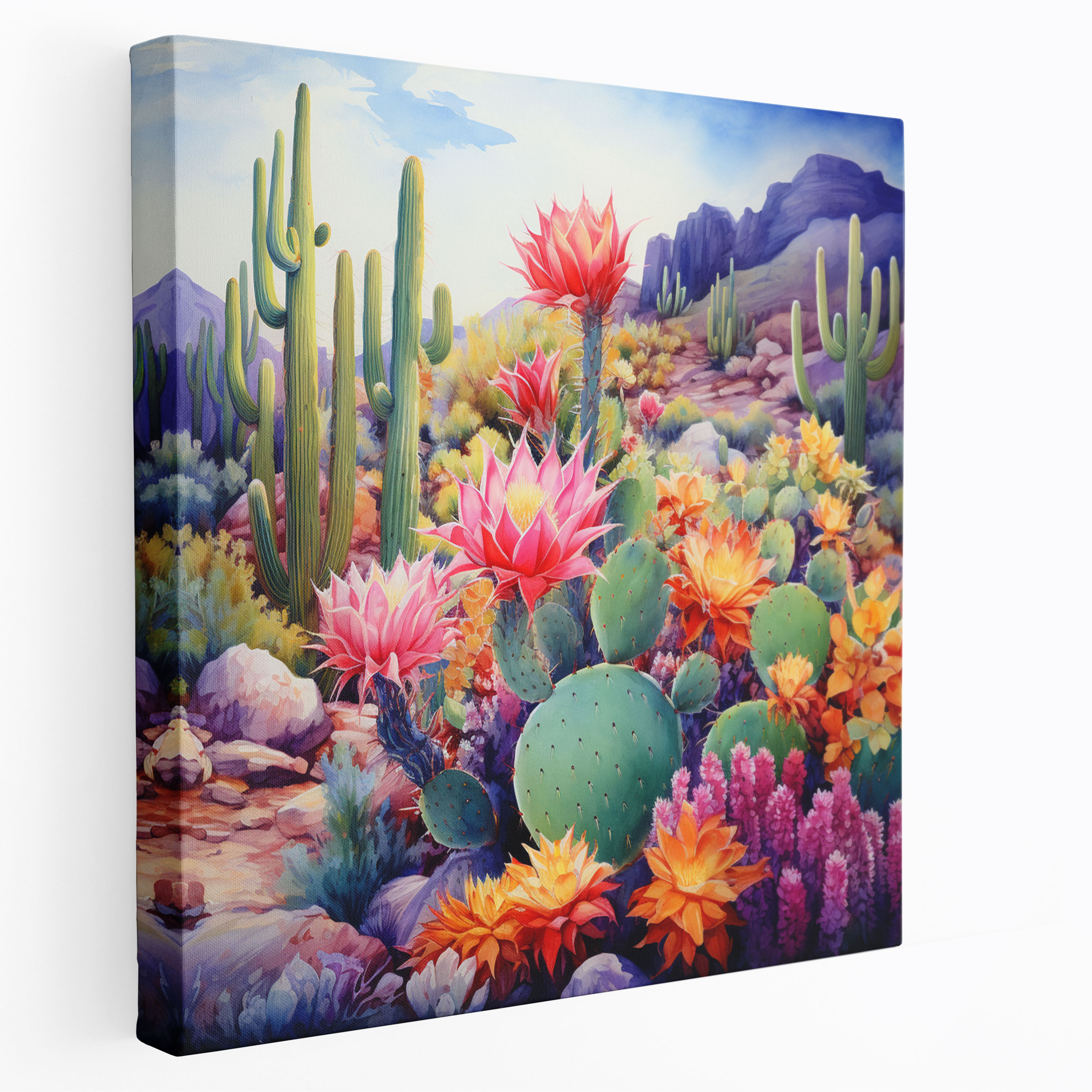 Cactus Canvas Print - Vibrant Watercolor Painting - Wall Decoration - Cactus, Blooming Cactus, Cactus, Home Decoration