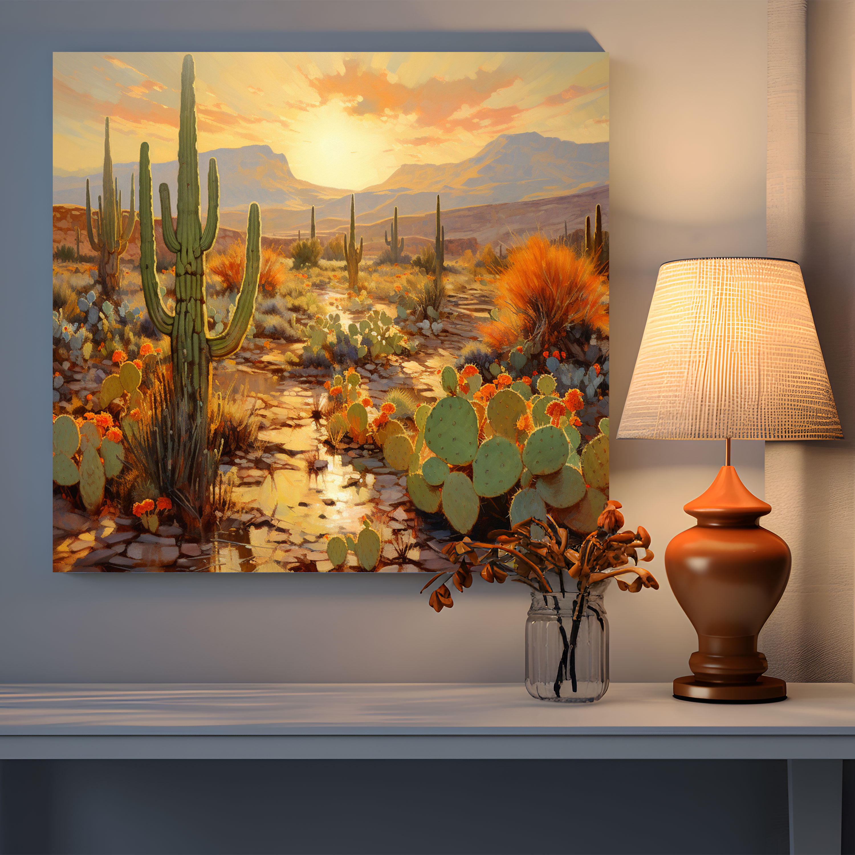 Golden Sunset Cactus Canvas Print - Impressionist Painting - Wall Decoration - Cactus, Home Decoration, Canvas Wall Art, Wall Art