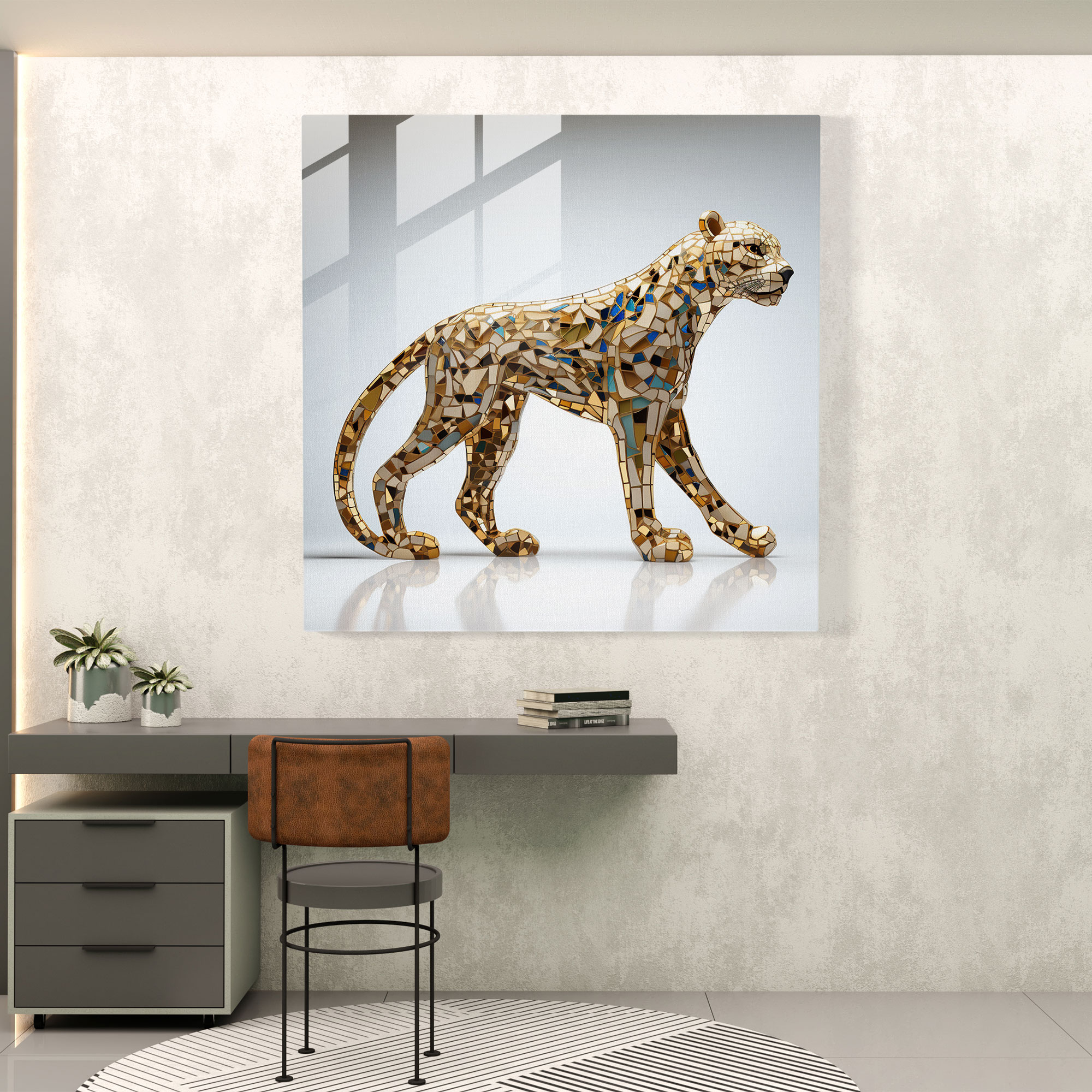 Cheetah Wall Decoration - Cheetah, Geometric Mosaic Design, Intricate Glass Pieces, Fusion