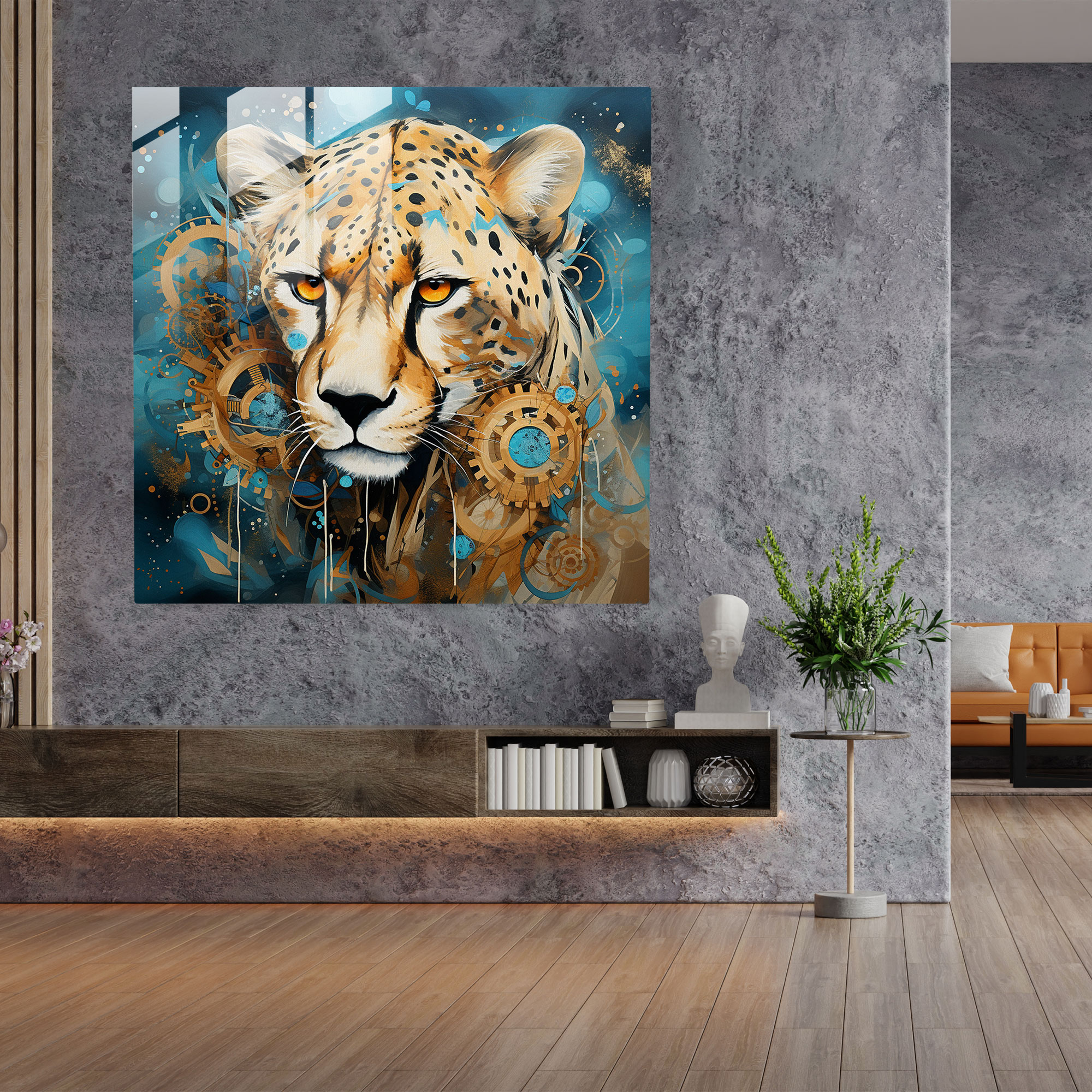 Cheetah Glass Art - Cheetah, Nature, Harmonious Connection, Abstract Elements