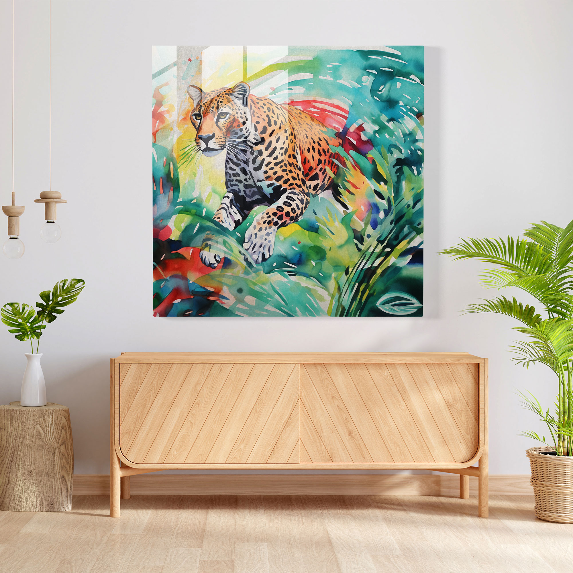 Leopar Cam Tablo - Ev Dekorasyonu Cam Tablo Suluboya Resim