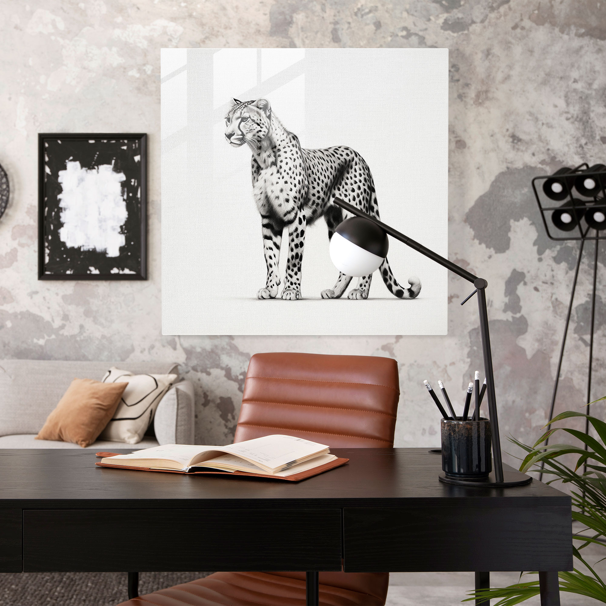 Cheetah Glass Wall Art - Cheetah, Wall Decoration, Black And White Drawing, Home Decoration