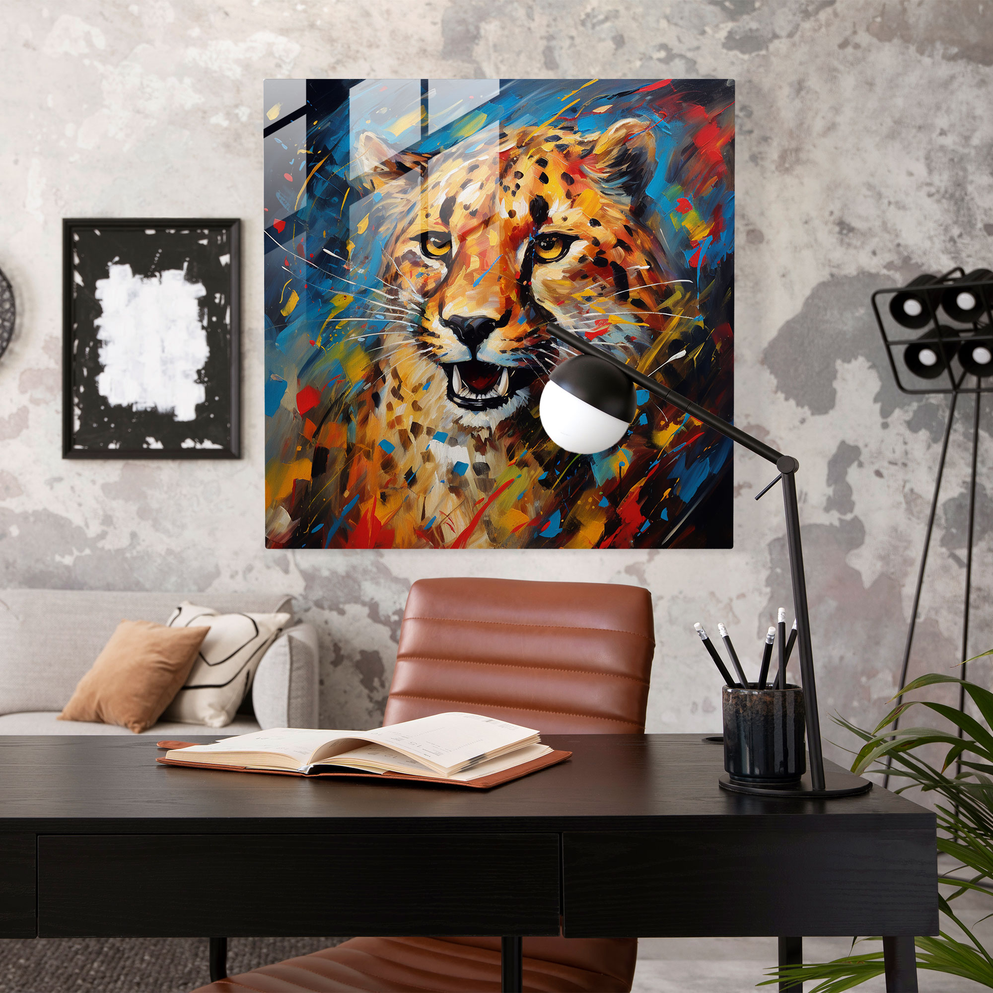 Cheetah Cam Tablo - Çita Soyut Sanat Eseri Ev Dekorasyonu Cam Duvar Sanatı