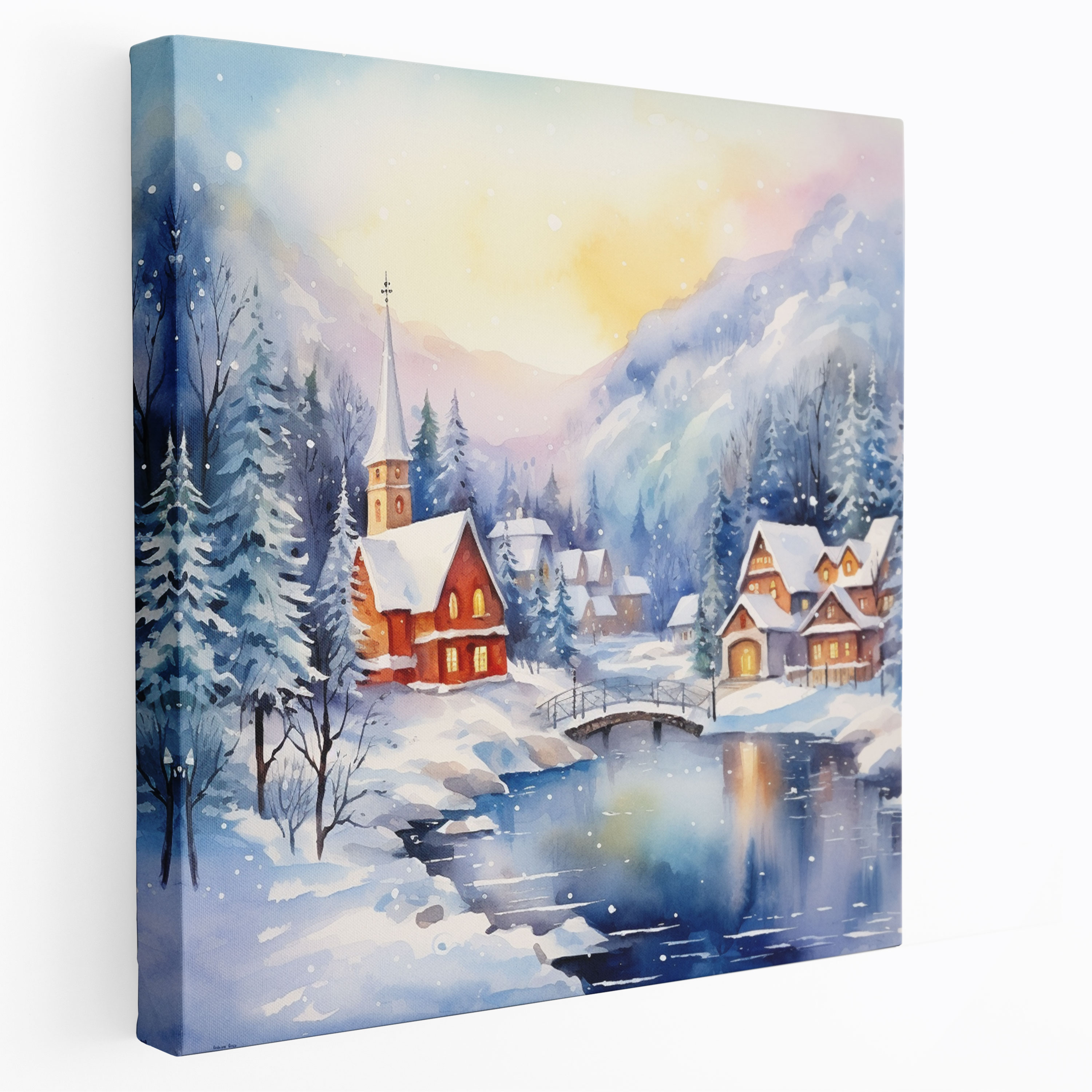 Christmas Canvas Print - Serene Watercolor Landscape - Snowy Mountains And Village - Christmas, Christmas Village, Wall Decoration, Canvas Print