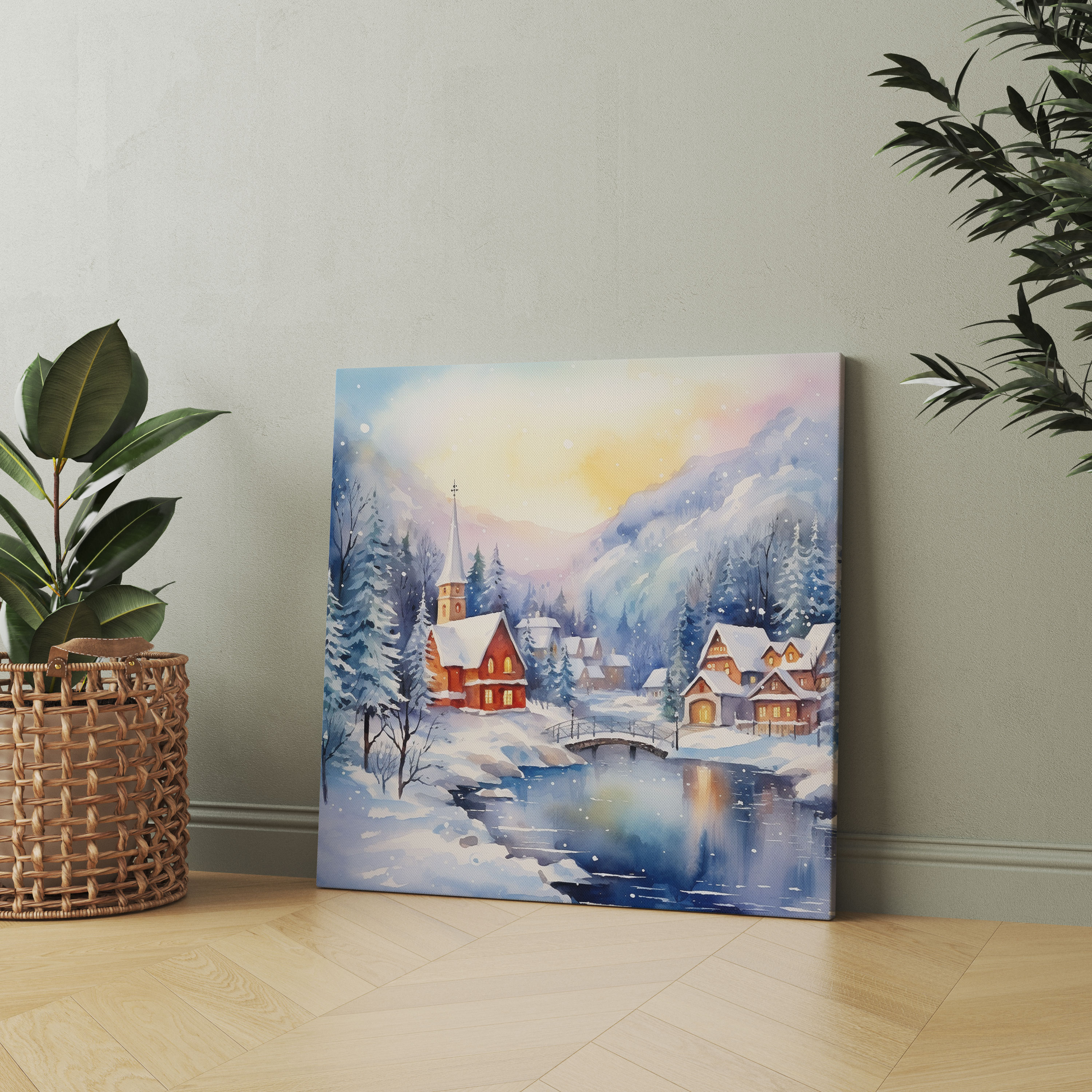 Christmas Canvas Print - Serene Watercolor Landscape - Snowy Mountains And Village - Christmas, Christmas Village, Wall Decoration, Canvas Print
