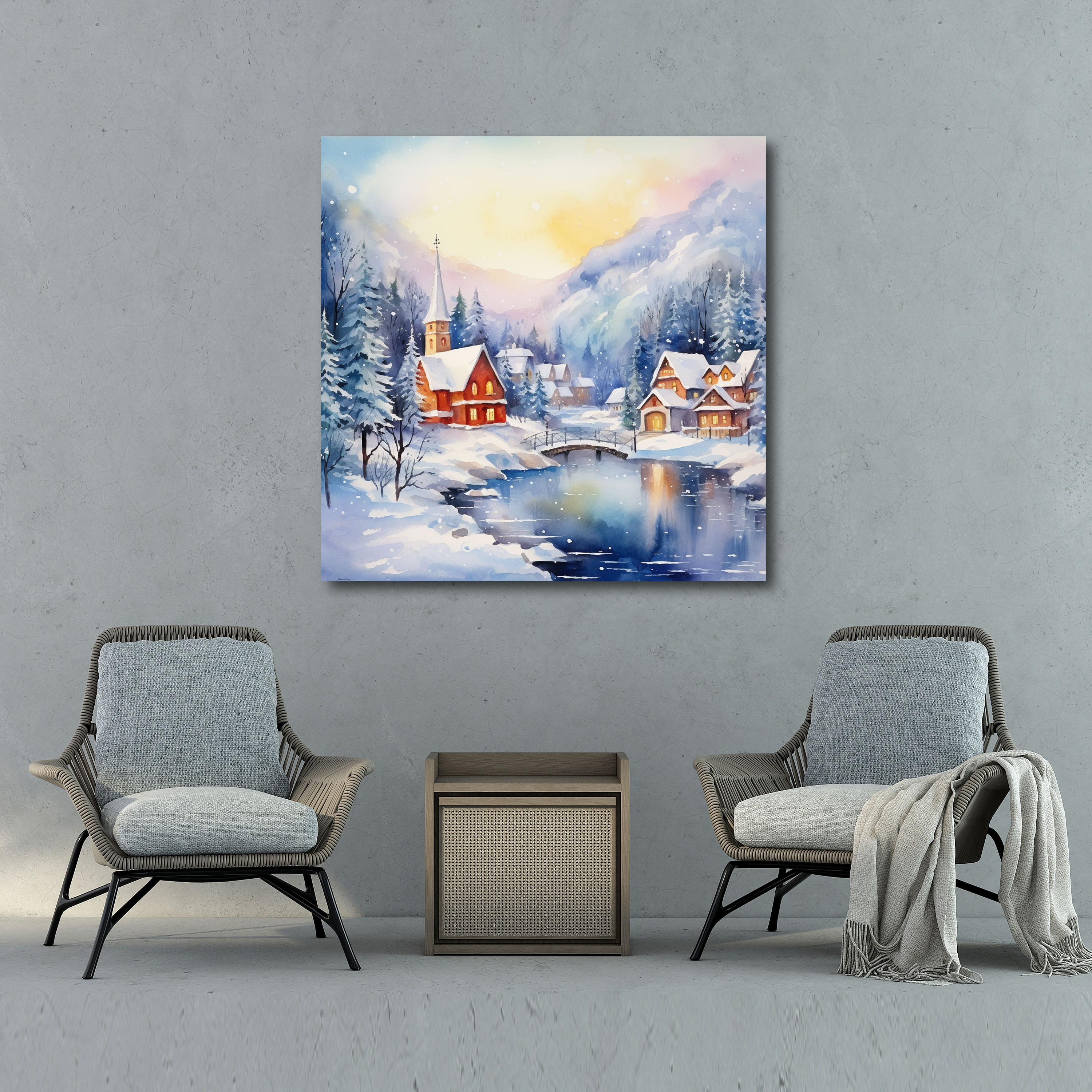 Christmas Canvas Print - Serene Watercolor Landscape - Snowy Mountains And Village - Christmas, Christmas Village, Wall Decoration, Canvas Print