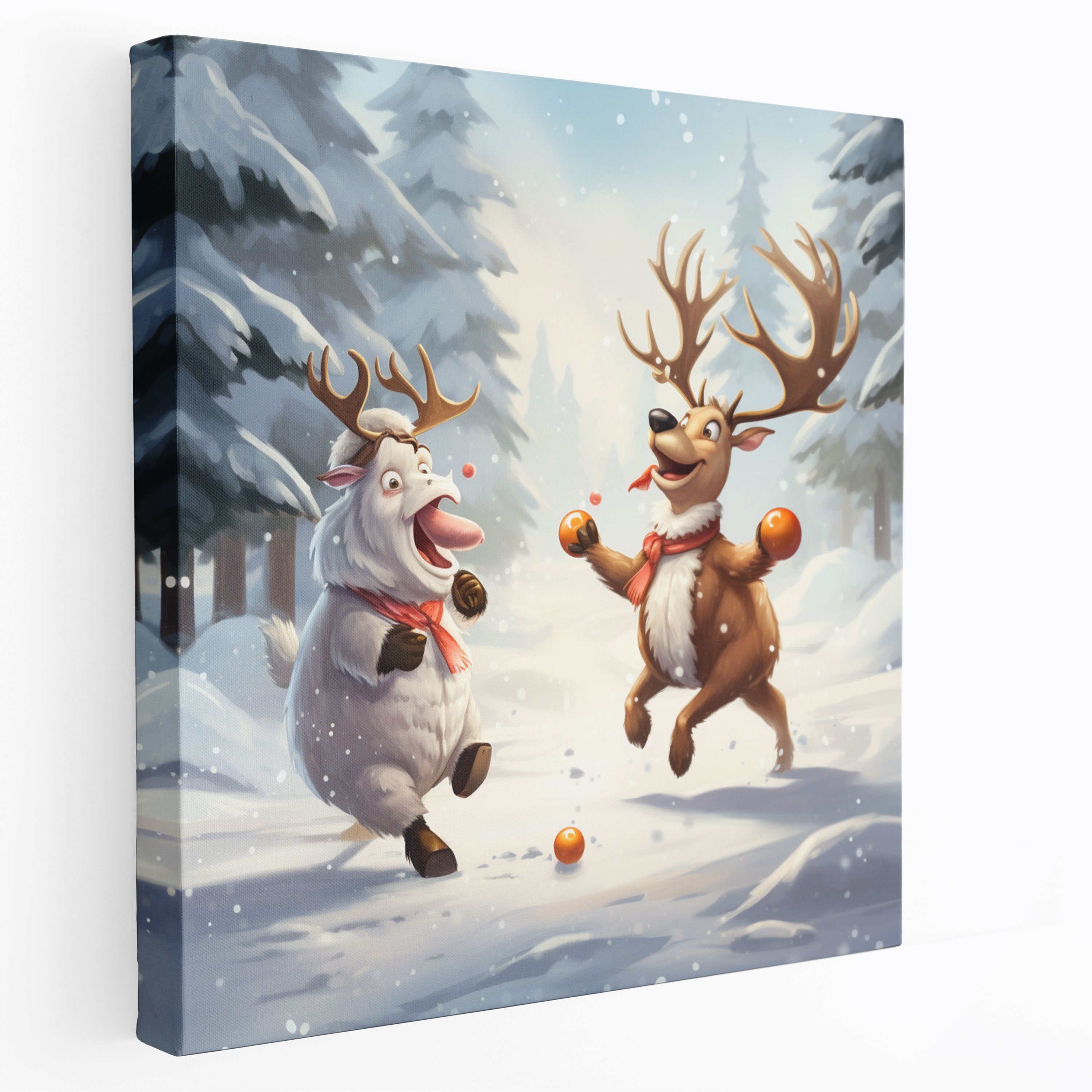 Christmas Canvas Print - Playful Cartoon Illustration - Reindeer And Snowman Snowball Fight - Christmas, Wall Art, Reindeer, Canvas Print