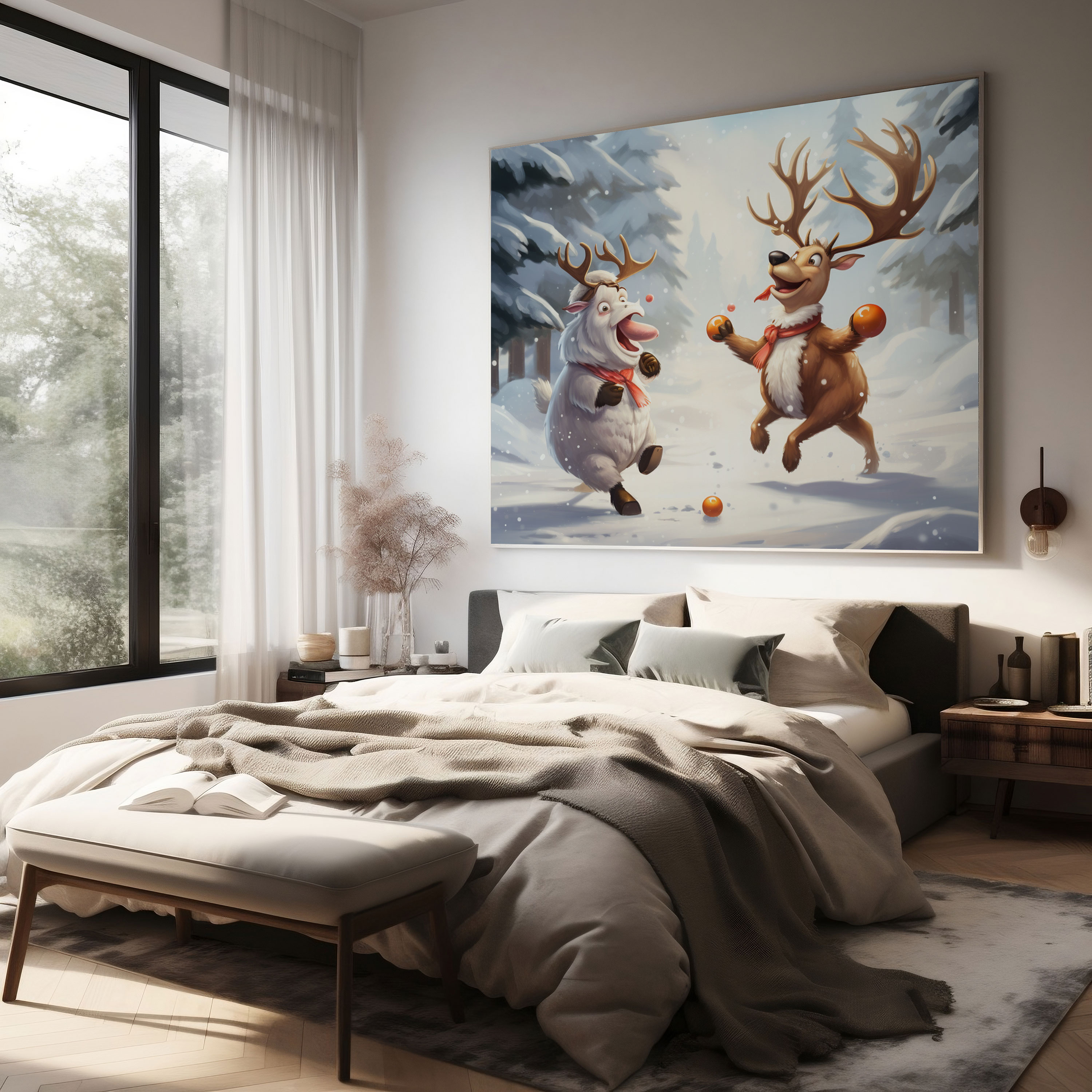 Christmas Canvas Print - Playful Cartoon Illustration - Reindeer And Snowman Snowball Fight - Christmas, Wall Art, Reindeer, Canvas Print