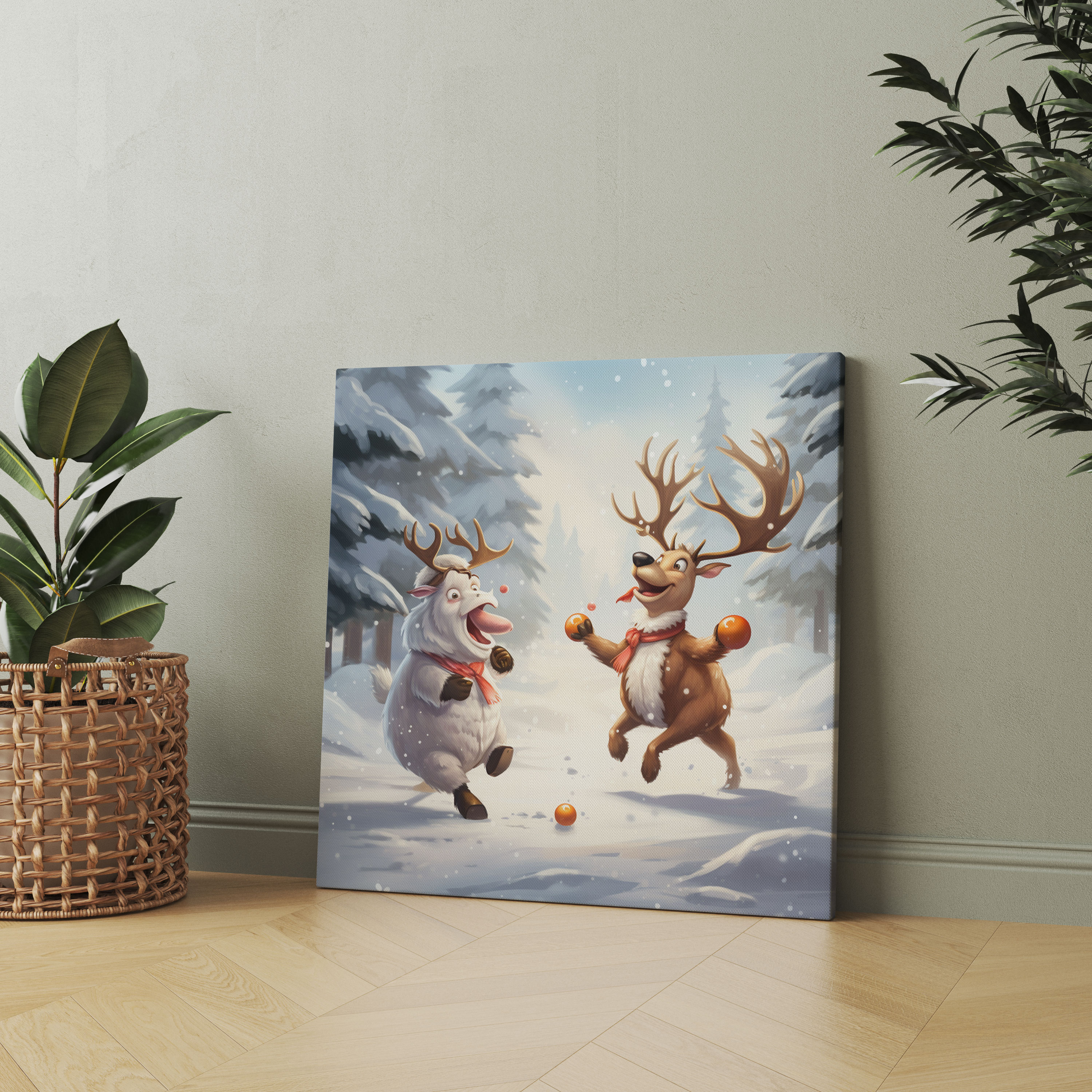Christmas Canvas Print - Playful Cartoon Illustration - Reindeer And Snowman Snowball Fight - Christmas, Wall Art, Reindeer, Canvas Print