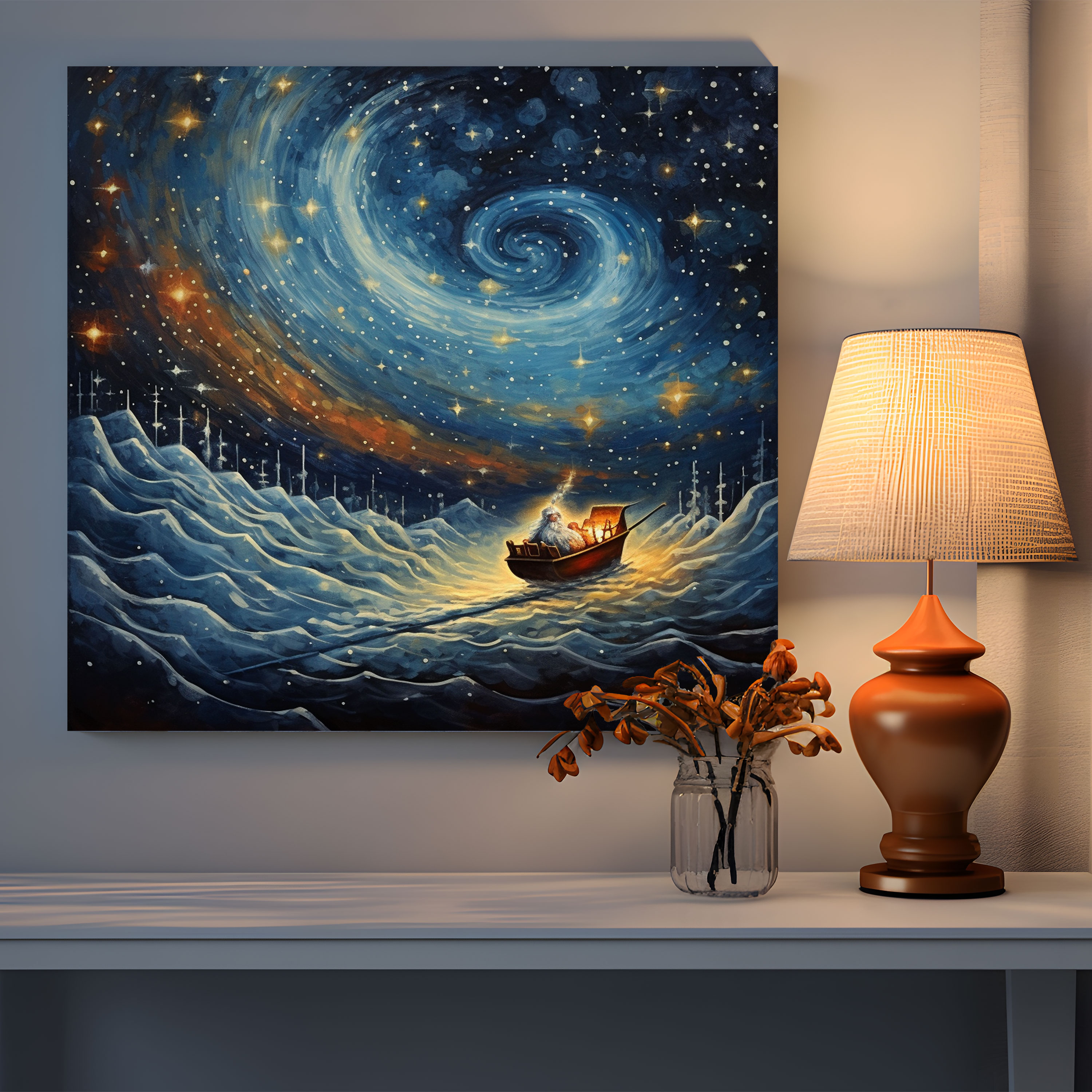 Santa's Sleigh Canvas Print - Christmas, Starry Night Sky, Mesmerizing Scene, Magical