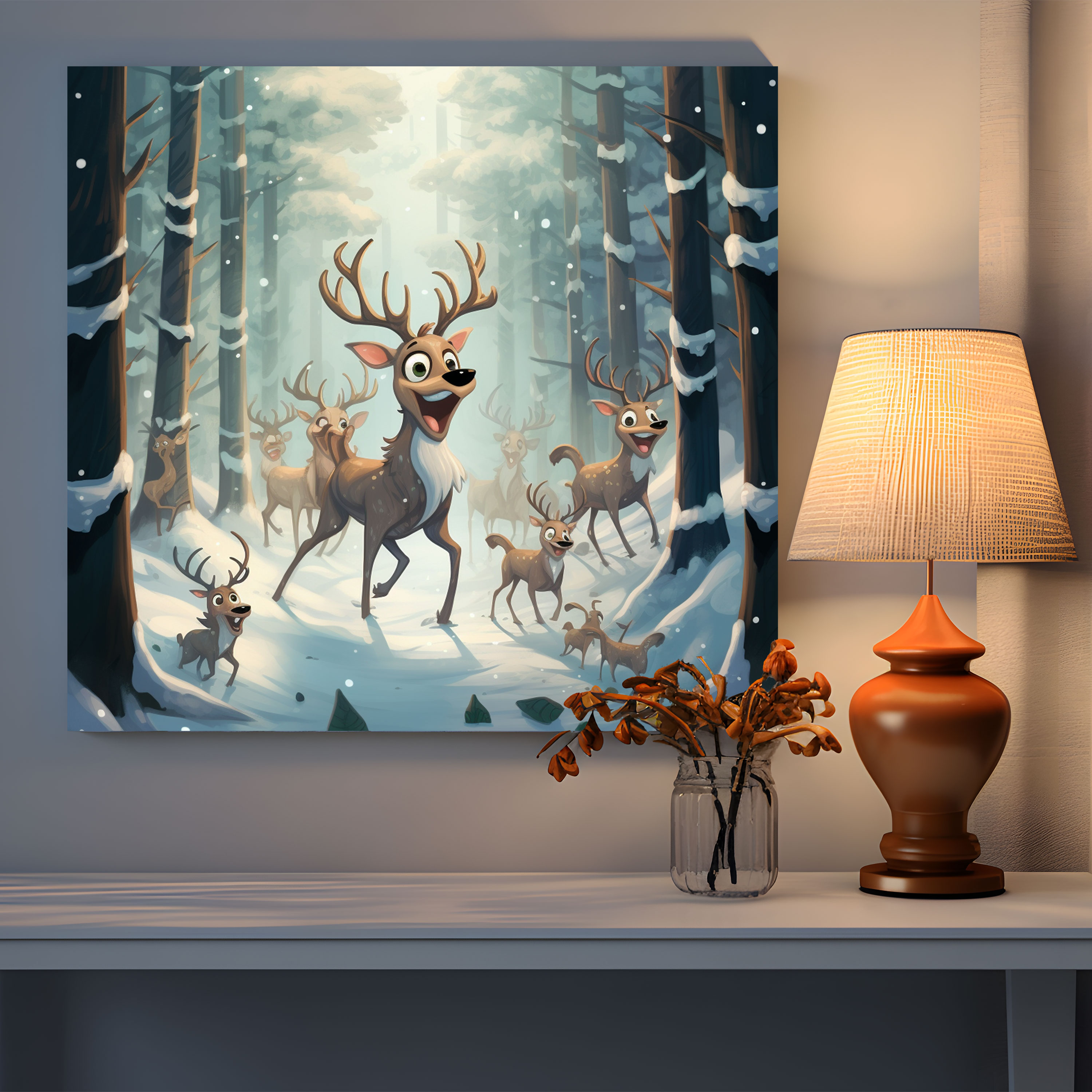 Christmas Wall Decoration - Whimsical Reindeer Frolic - Christmas, Snowy Forest, Home Decoration, Christmas