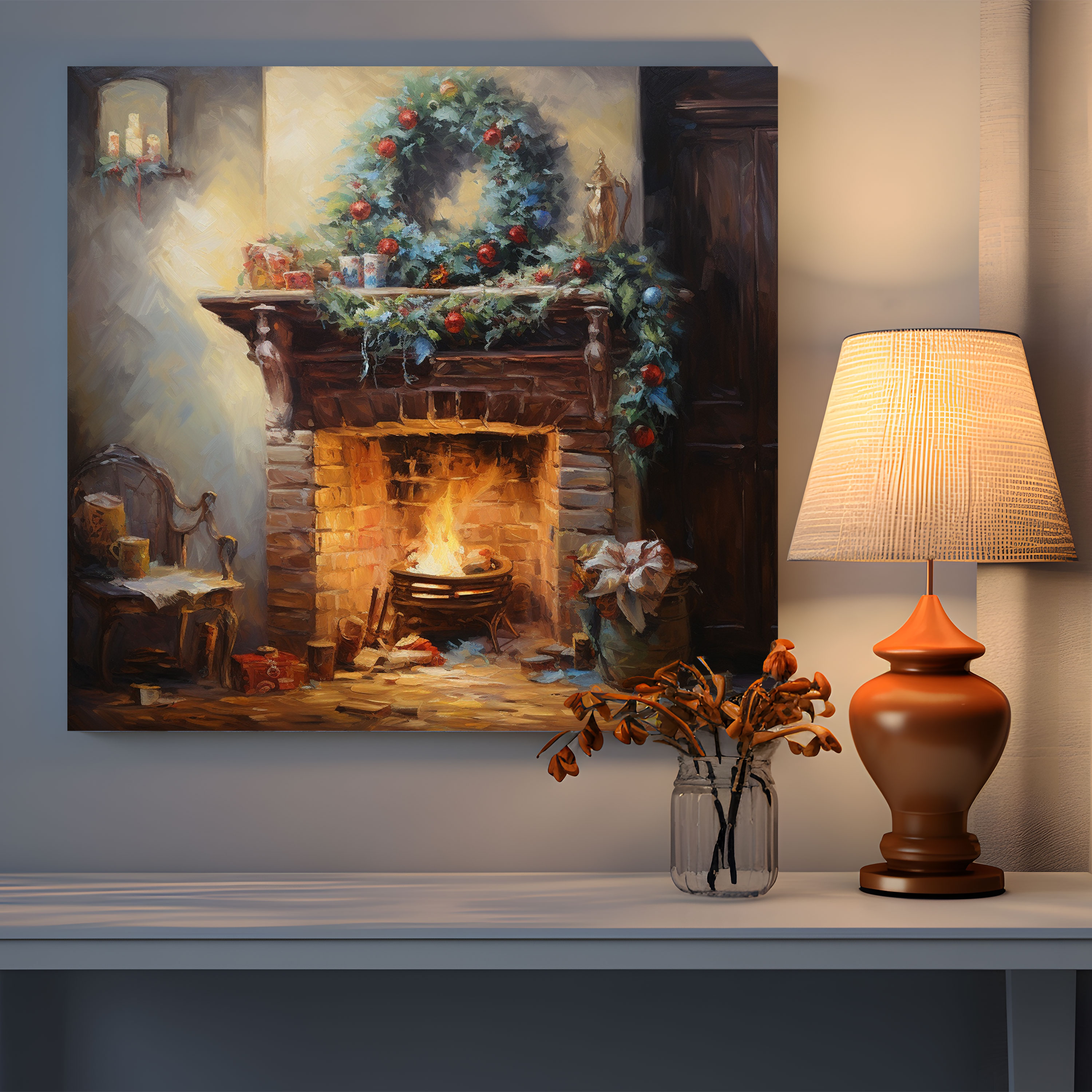 Christmas Canvas Print - Cozy Fireplace - Christmas, Cozy Fireplace, Wall Decoration, Impressionist Painting