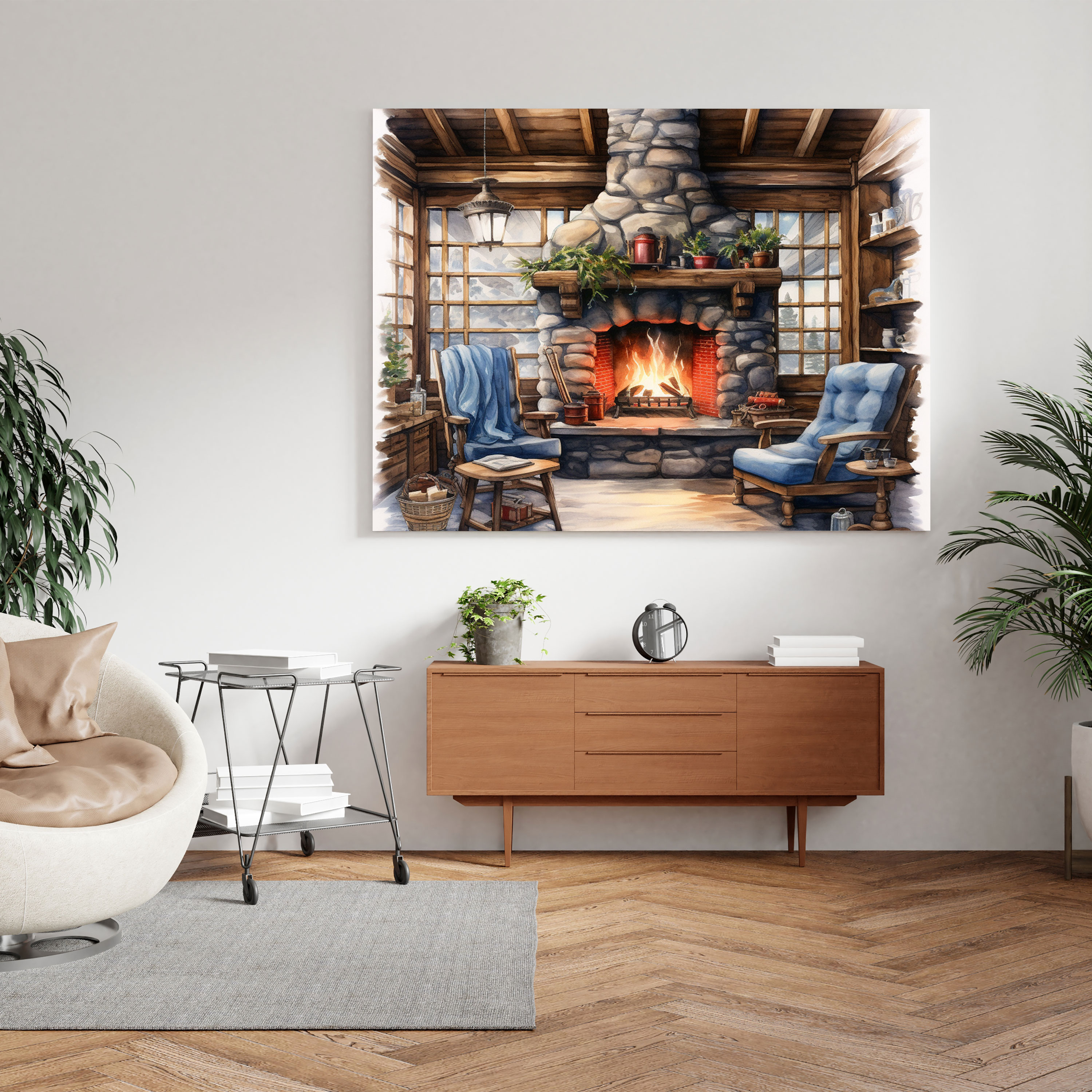 Christmas Canvas Print - Cozy Fireplace - Christmas, Watercolor Painting, Wall Decoration, Canvas Print