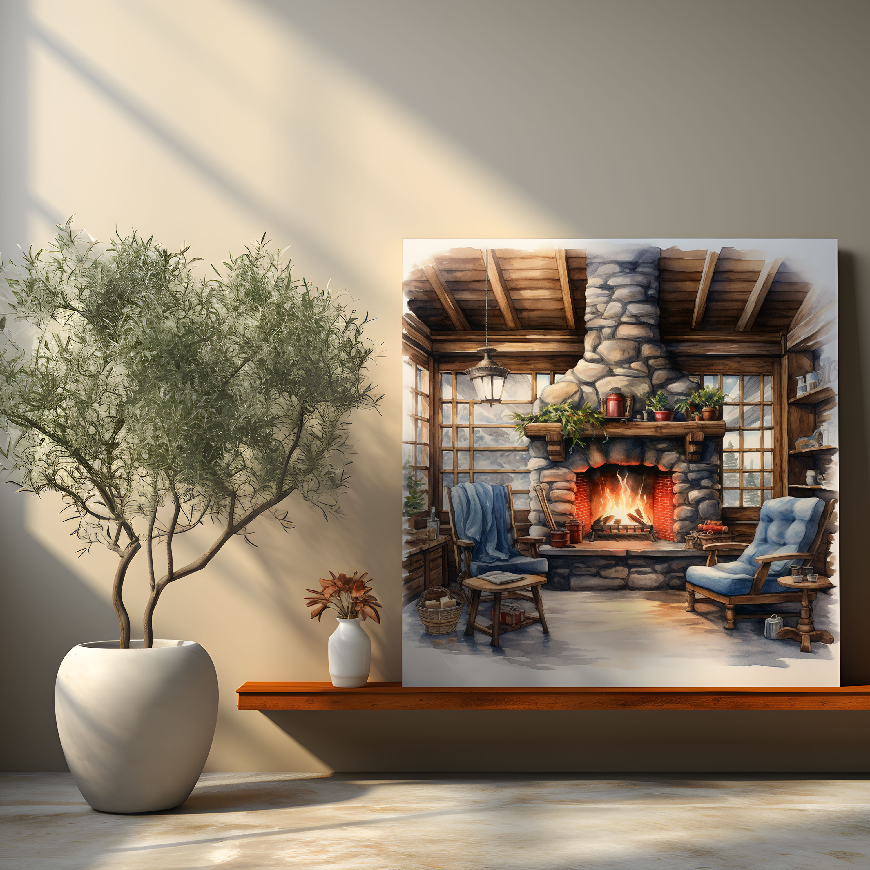 Christmas Canvas Print - Cozy Fireplace - Christmas, Watercolor Painting, Wall Decoration, Canvas Print