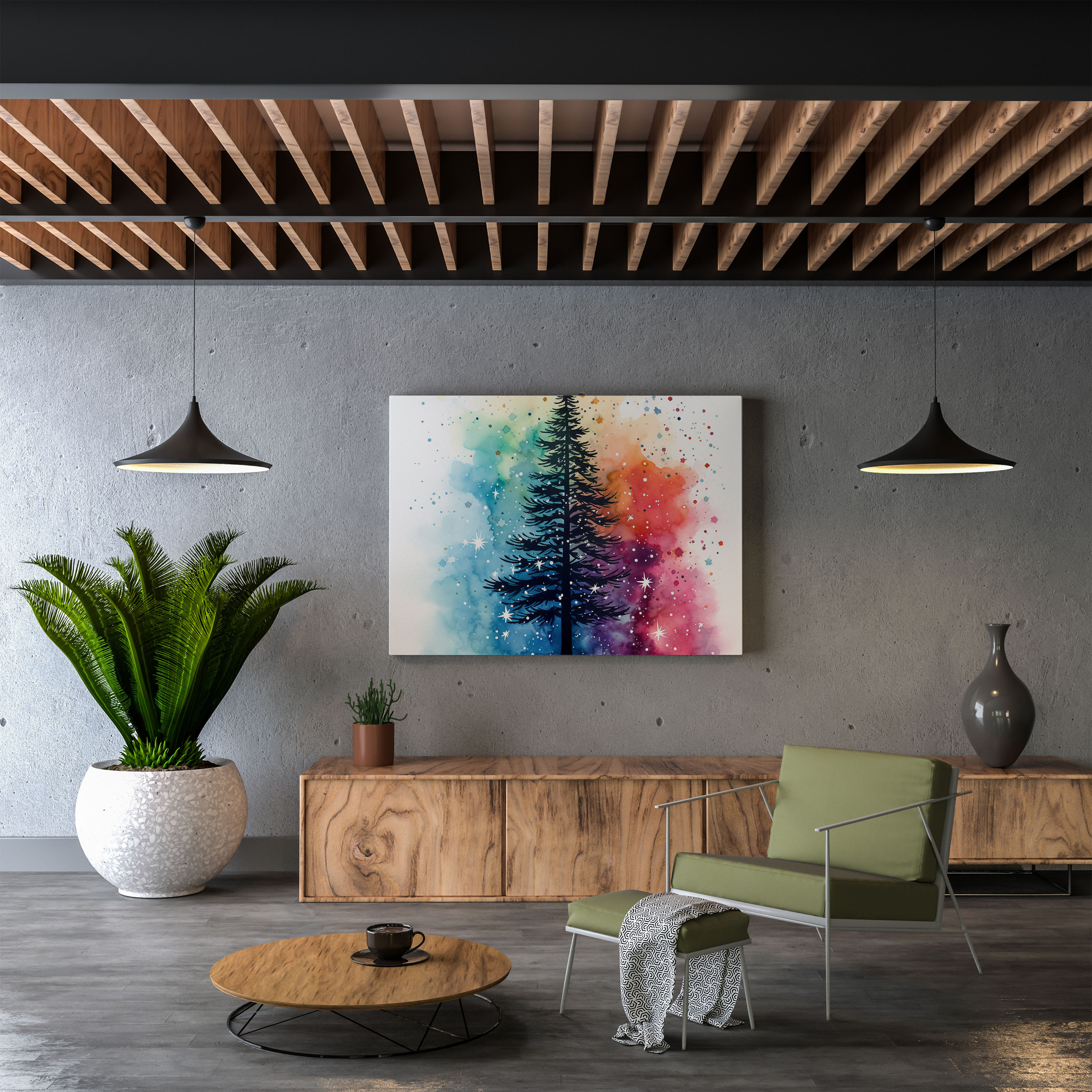 Christmas Tree Wall Art - Christmas, Watercolor, Wall Decoration, Colorful Starry Sky