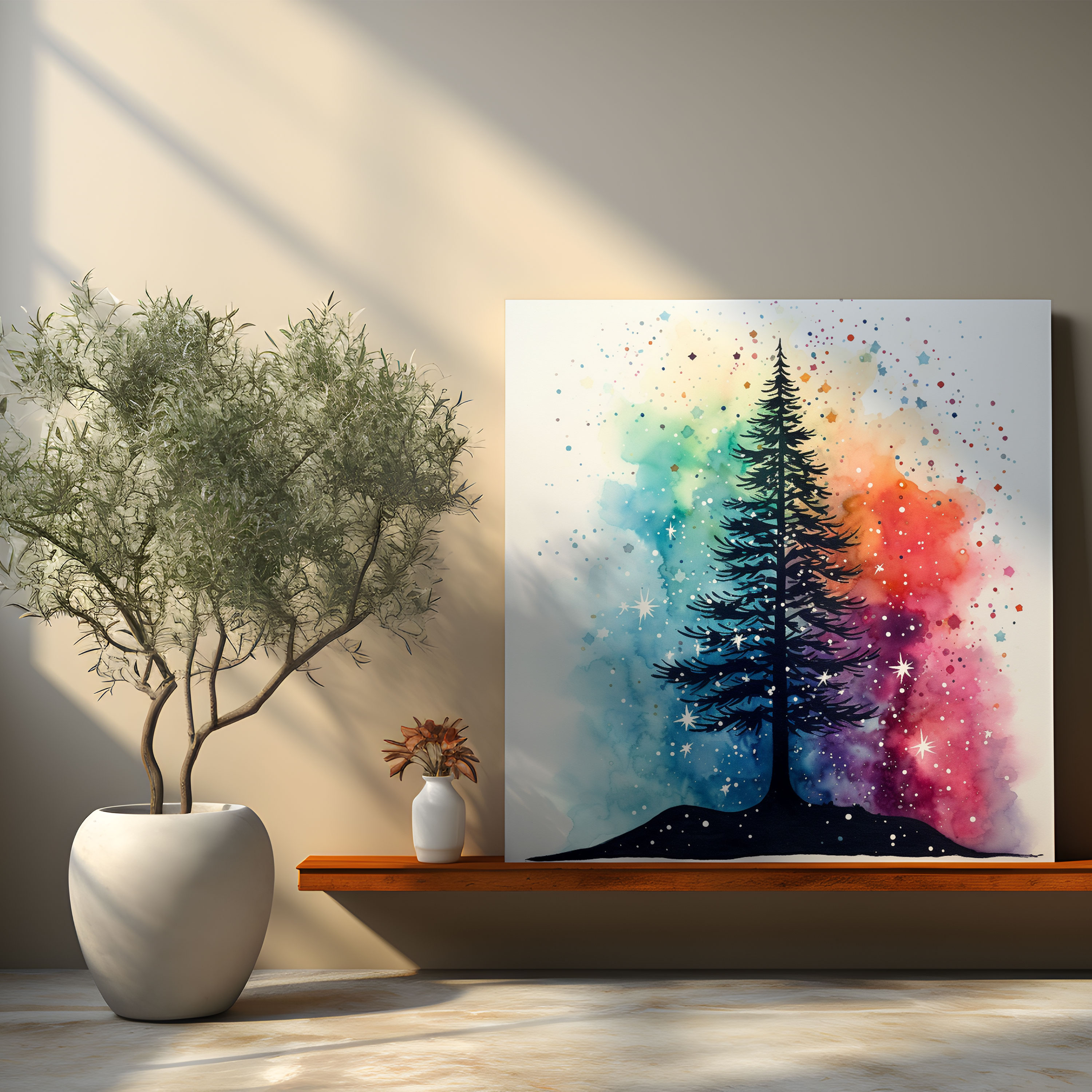 Christmas Tree Wall Art - Christmas, Watercolor, Wall Decoration, Colorful Starry Sky