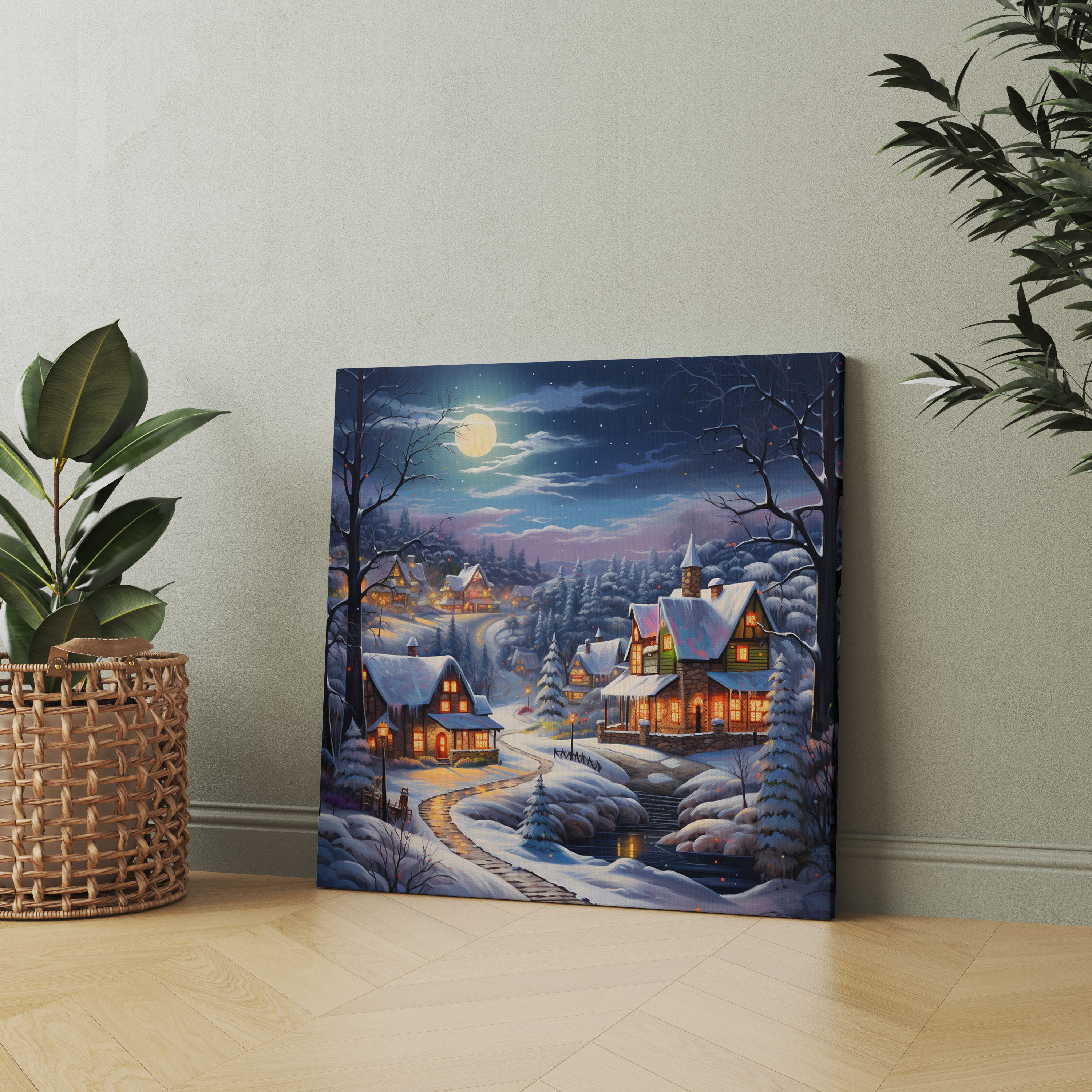 Christmas Snowy Landscape Canvas Print - Christmas, Snowy Winter Landscape, Festive Oil Painting, Wall Decoration