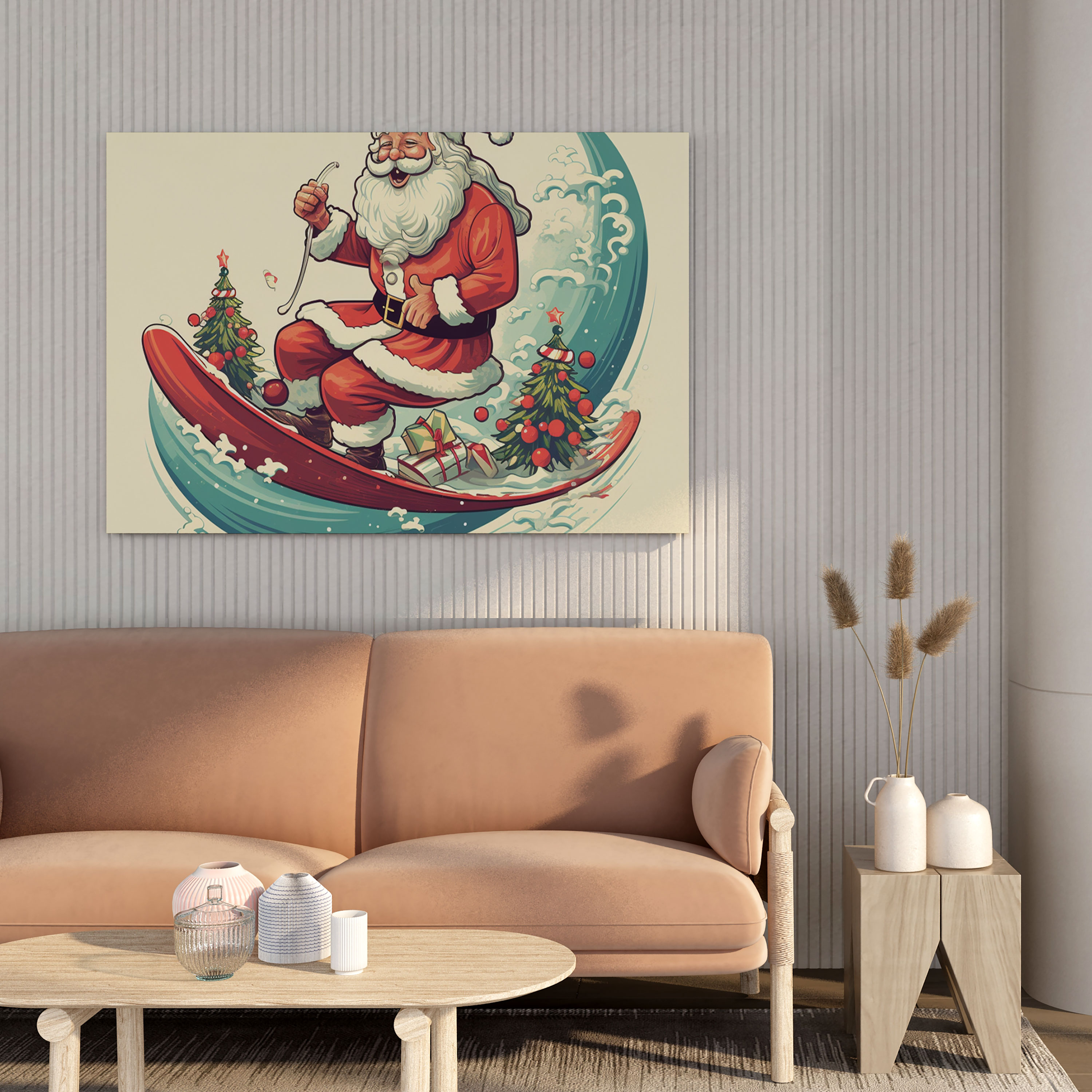 Christmas Santa Claus Cartoon Canvas Print - Christmas, Surfing, Candy Cane, Quirky Cartoon-Inspired Design