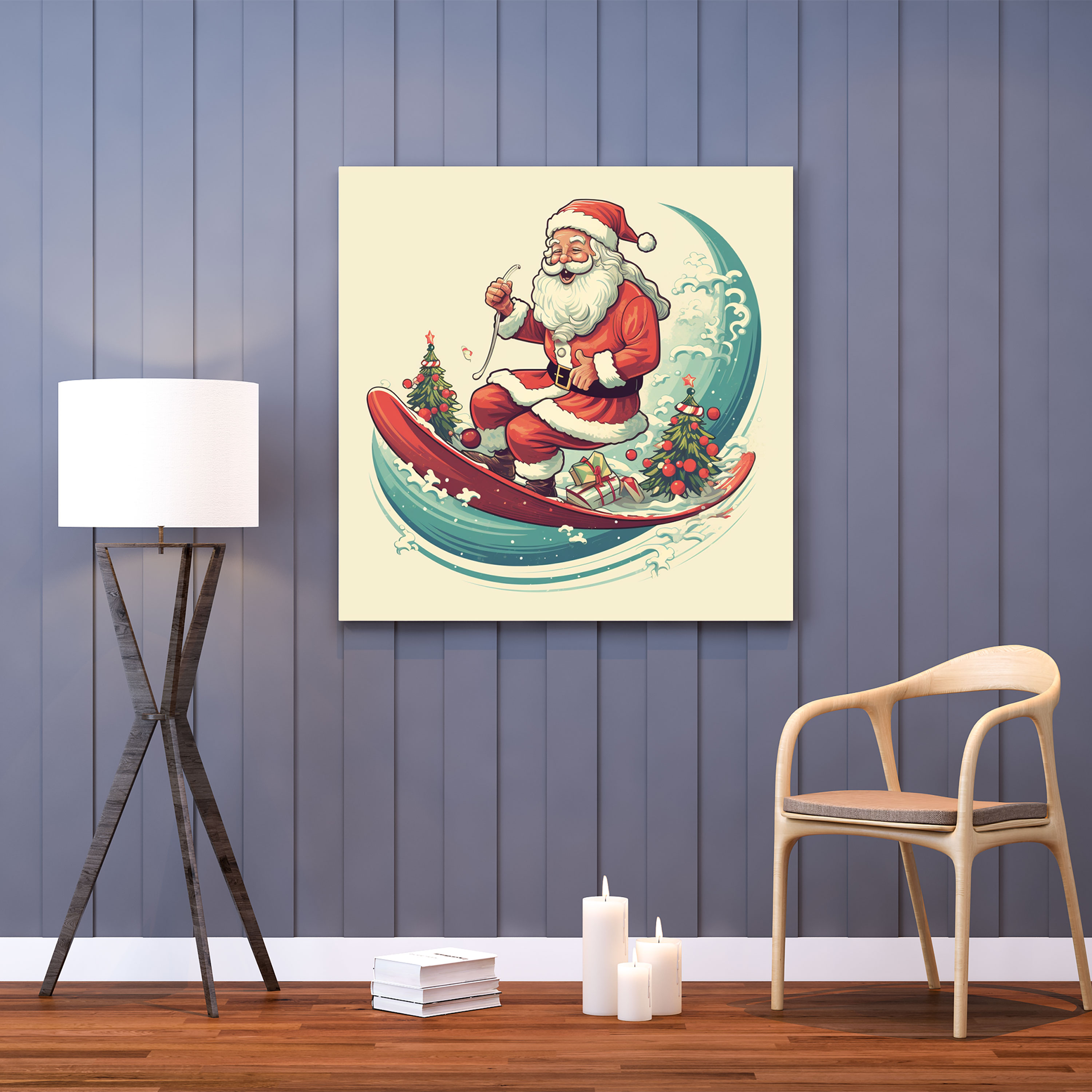 Christmas Santa Claus Cartoon Canvas Print - Christmas, Surfing, Candy Cane, Quirky Cartoon-Inspired Design