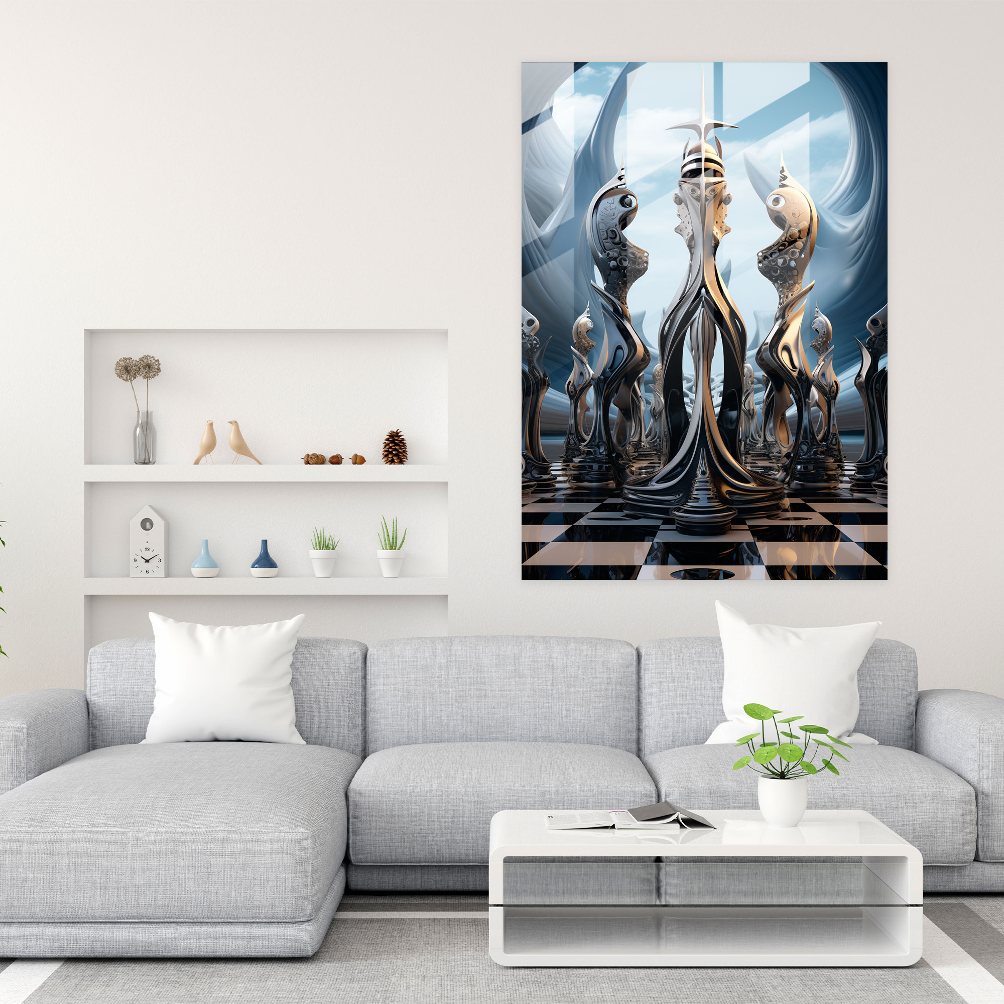Satranç Modern Sanat Cam Tablo - Karmaşık Satranç Taşları Duvar Dekorasyonu