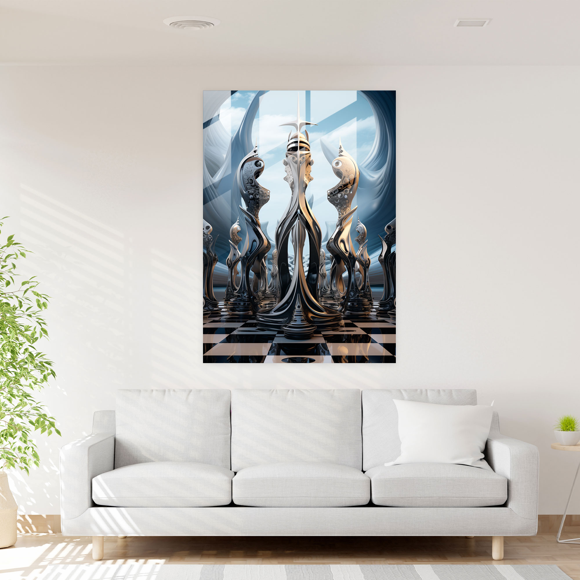 Satranç Modern Sanat Cam Tablo - Karmaşık Satranç Taşları Duvar Dekorasyonu