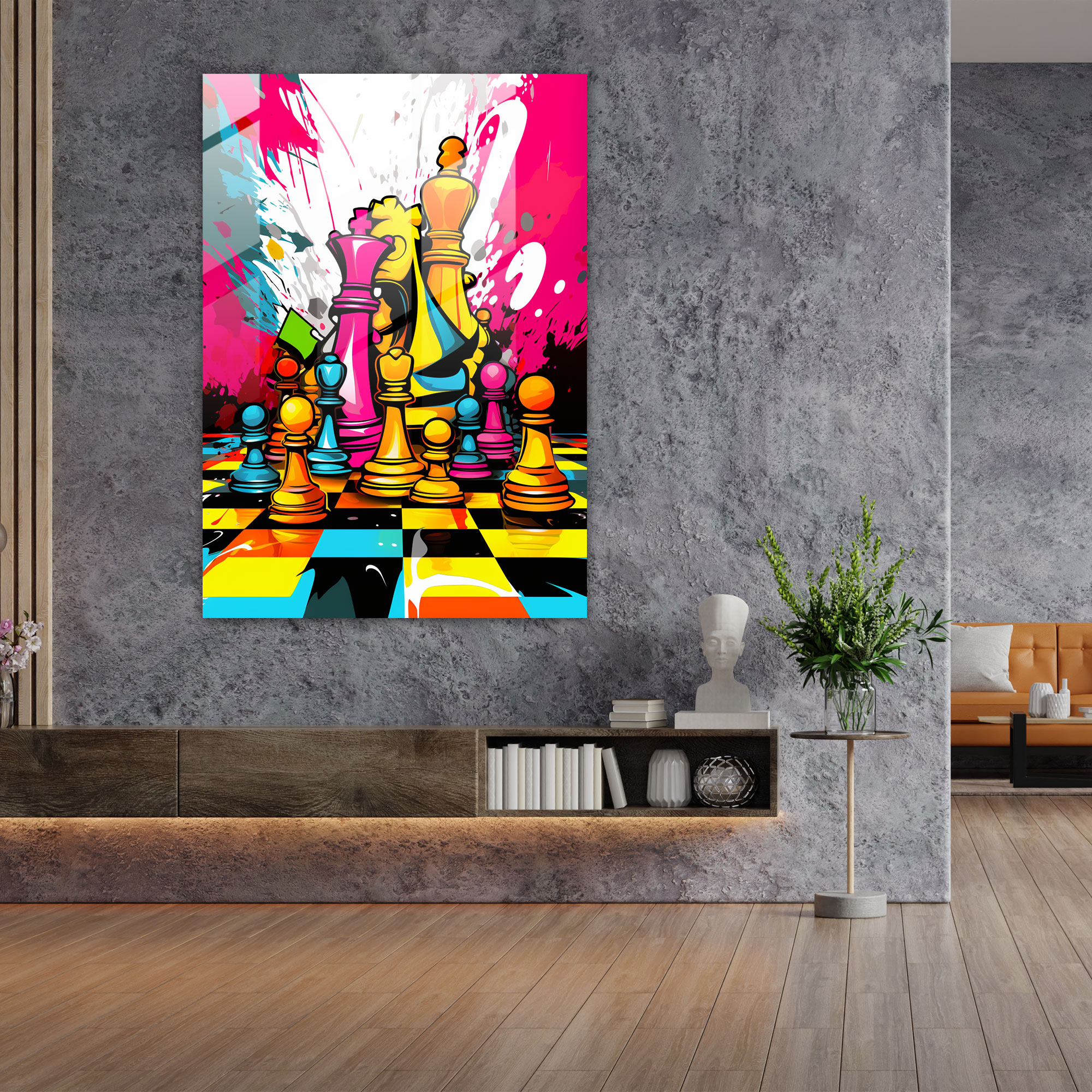 Satranç Cam Tablo Duvar Dekorasyonu - Modern Sanat Çizgi Roman Stili