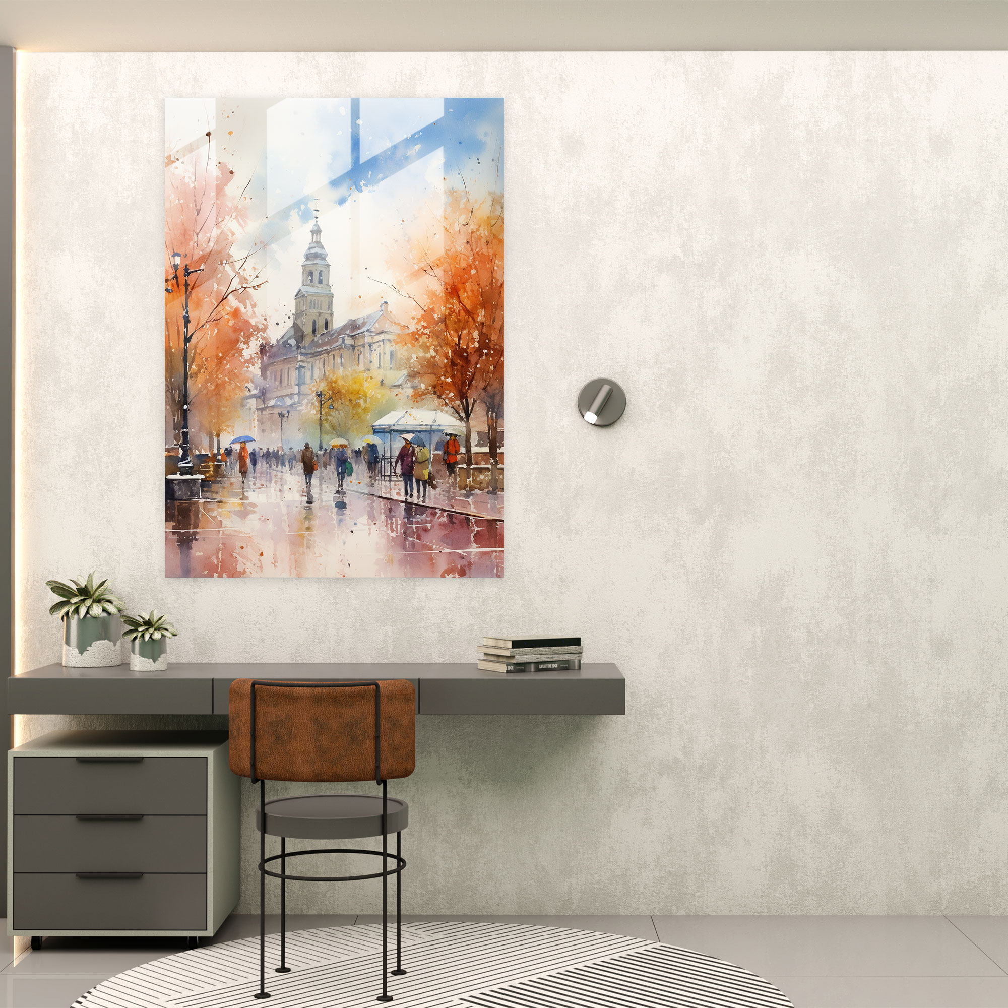 Lively Church Square Glass Print - Church, Watercolor Painting, Modern Art, Church
