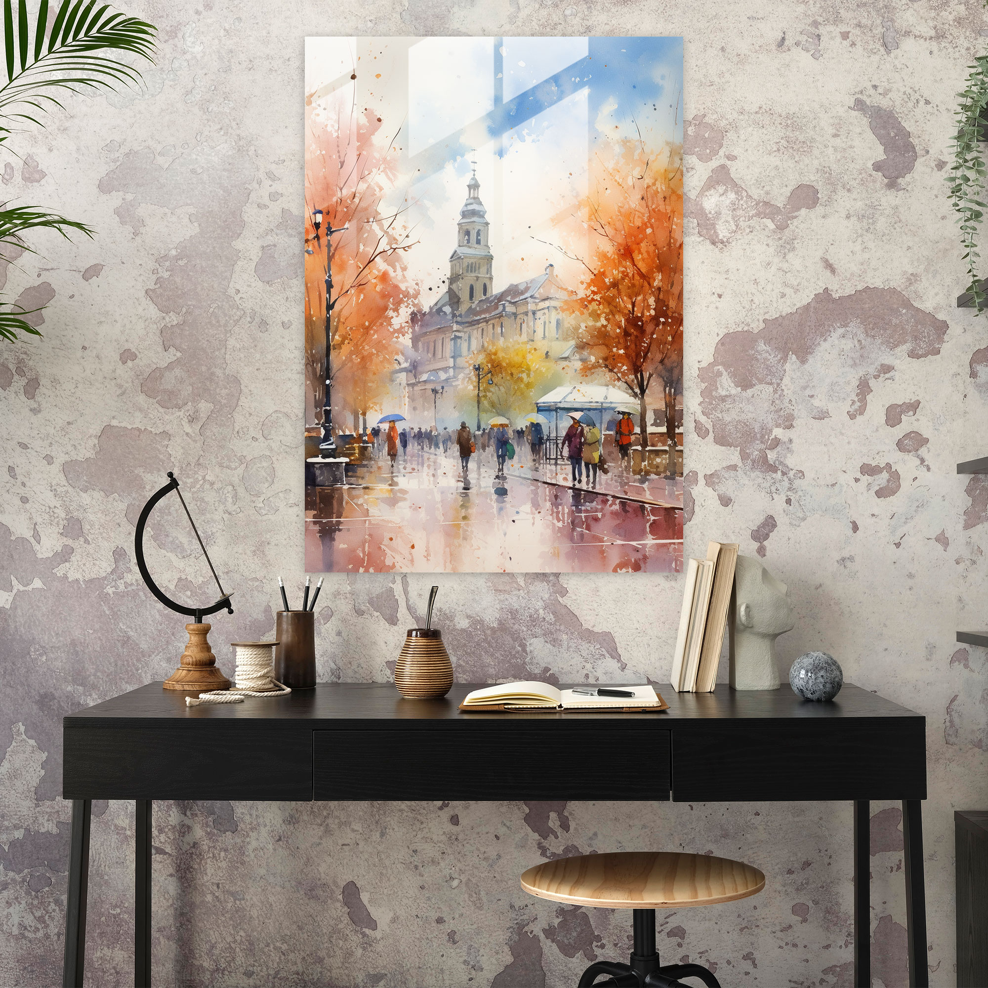 Lively Church Square Glass Print - Church, Watercolor Painting, Modern Art, Church